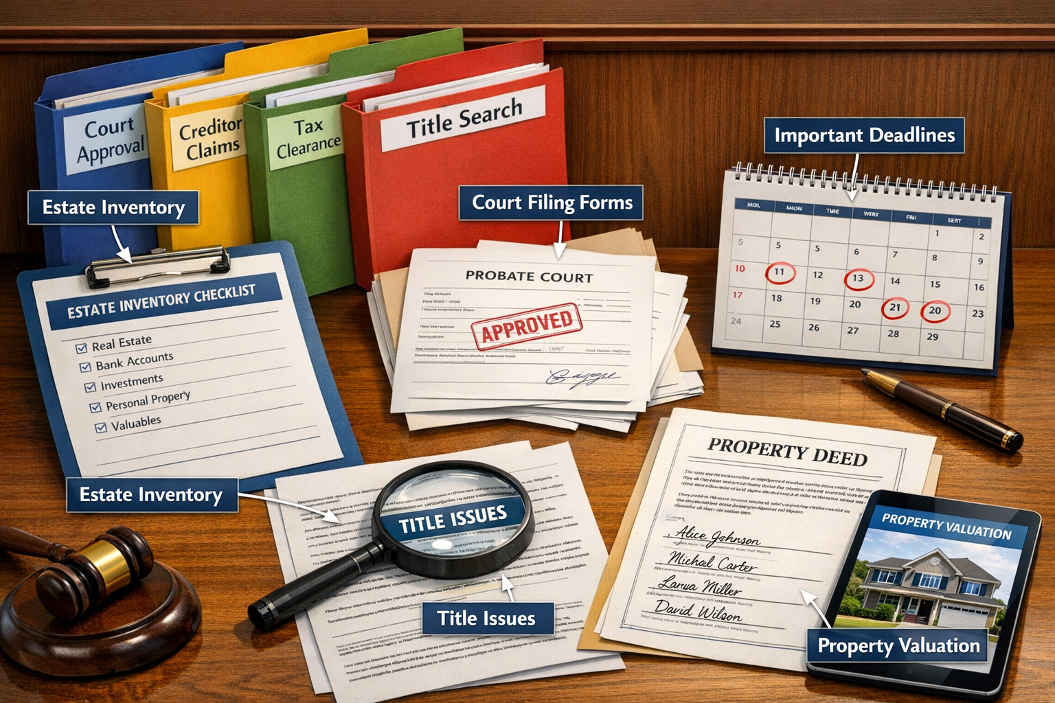 Detailed landscape format (1536x1024) editorial image showing organized probate documentation workflow: estate inventory checklist, court fi