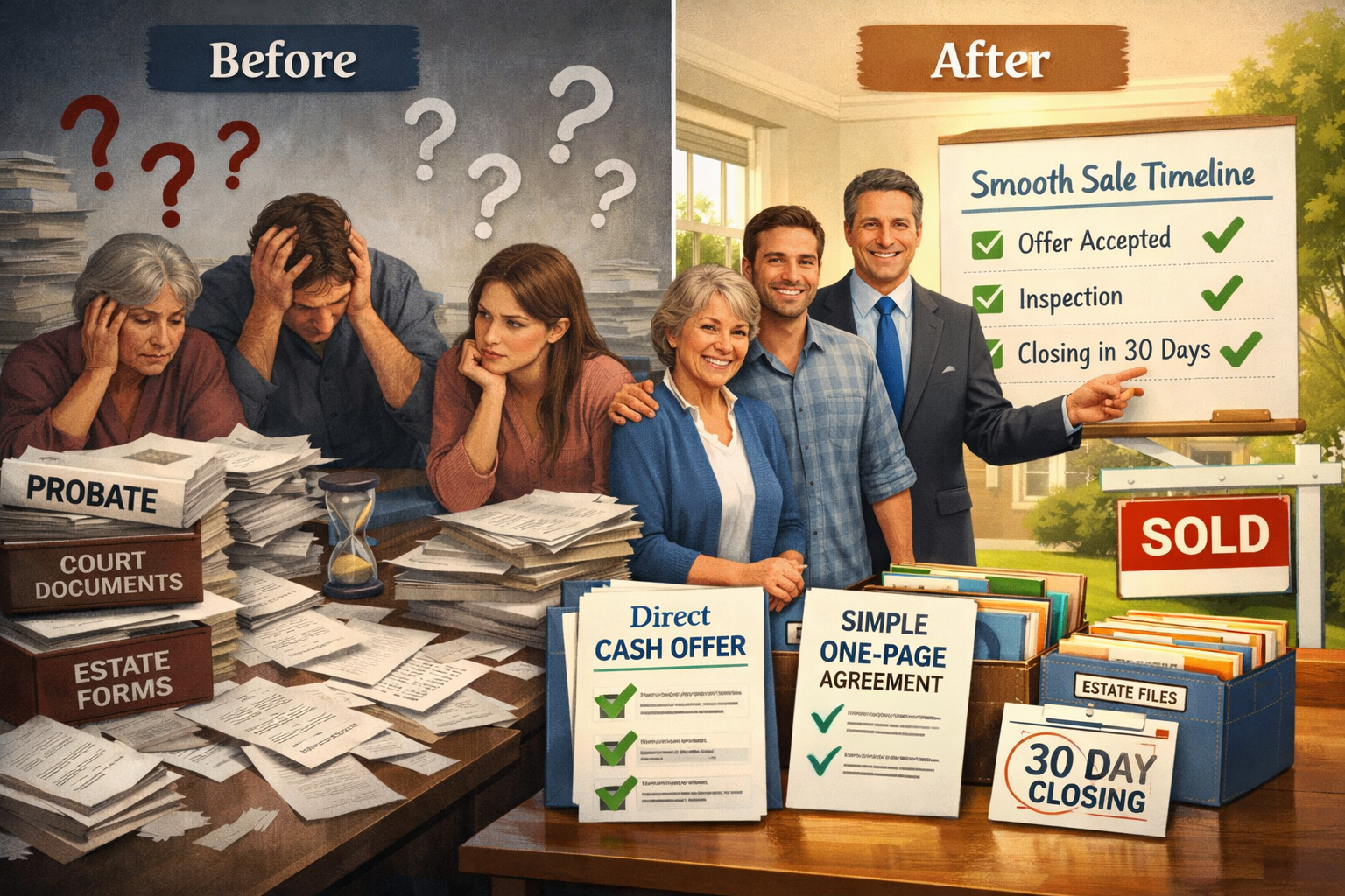 Detailed landscape format (1536x1024) professional image depicting probate property sale solution: split-screen composition showing 'before 