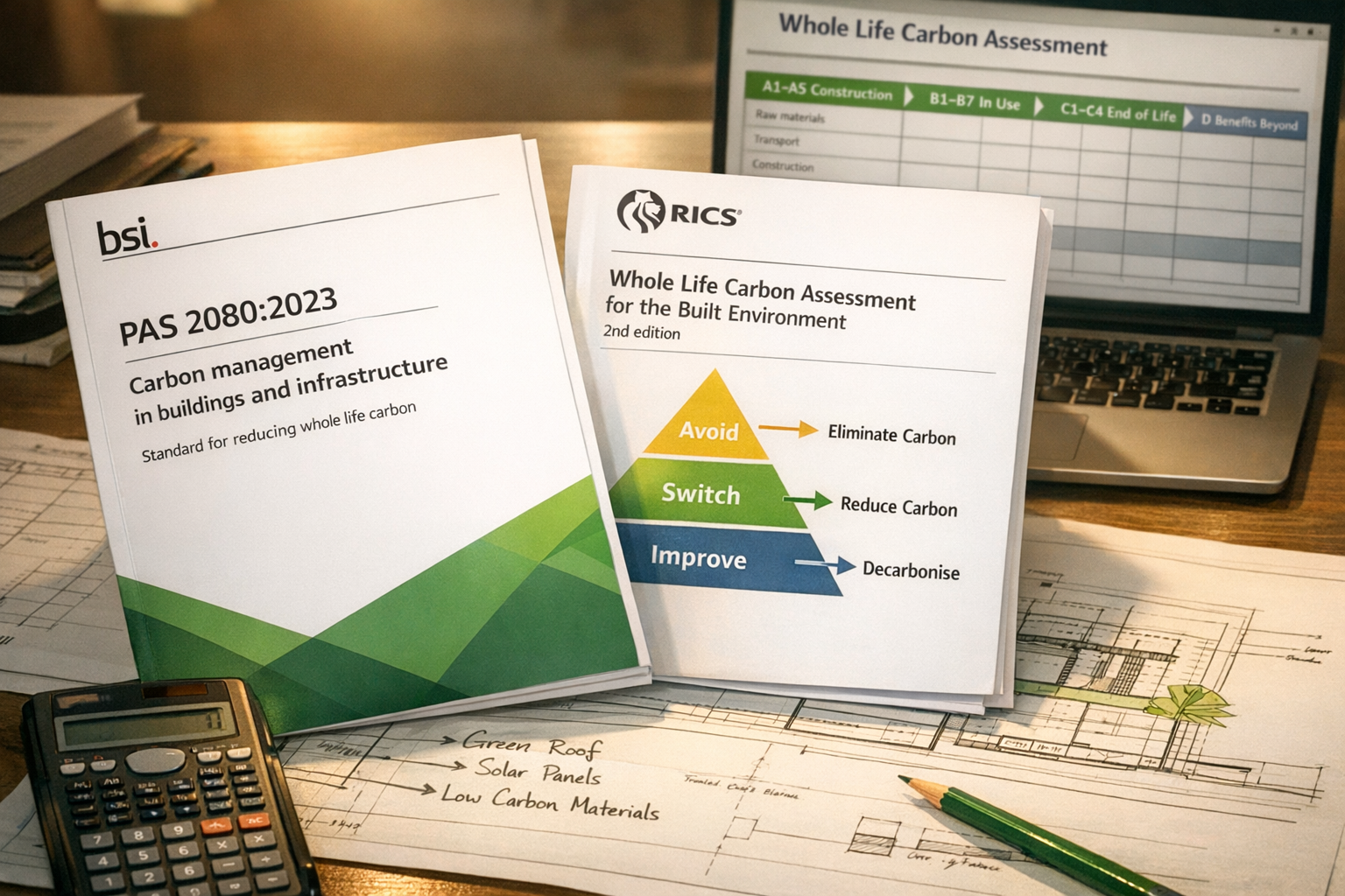 Detailed () image showing close-up of official PAS 2080:2023 standard document cover with BSI branding alongside RICS Whole