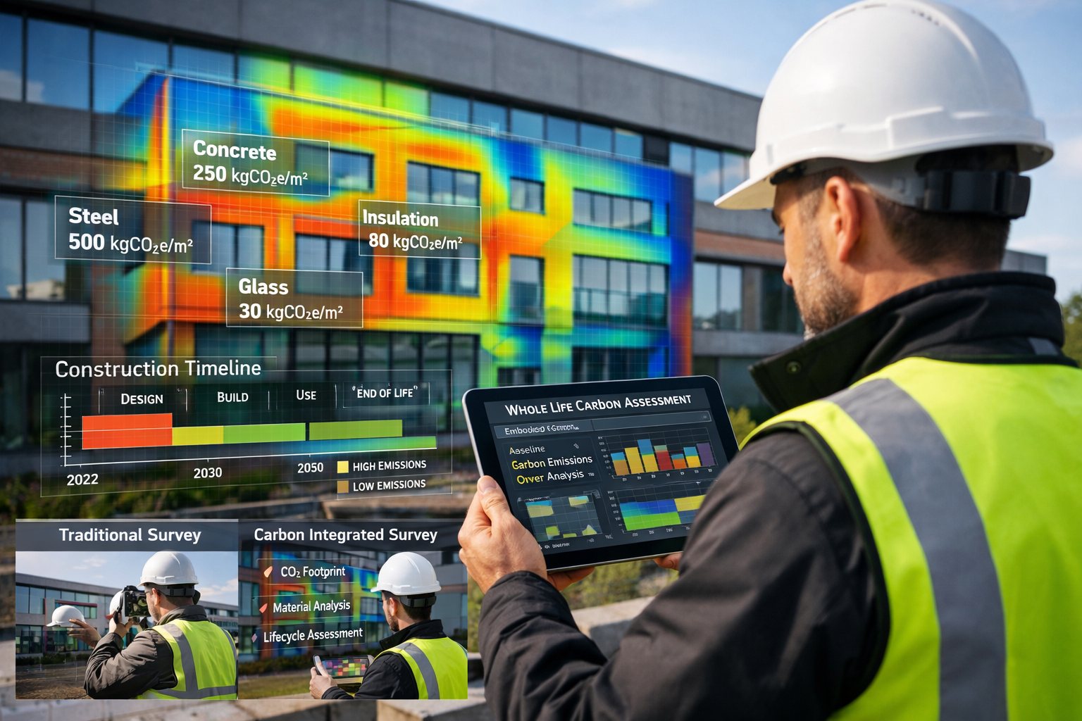 Wide-angle () photograph of contemporary building survey in progress showing chartered surveyor conducting carbon assessment