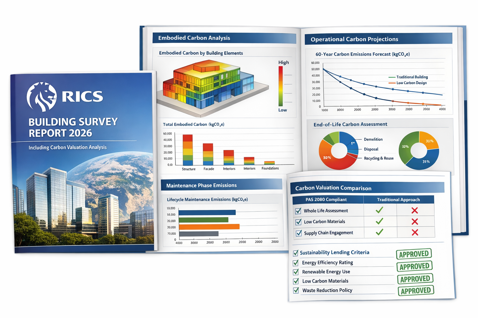Detailed () infographic-style image displaying comprehensive building survey report layout for 2026 with integrated carbon