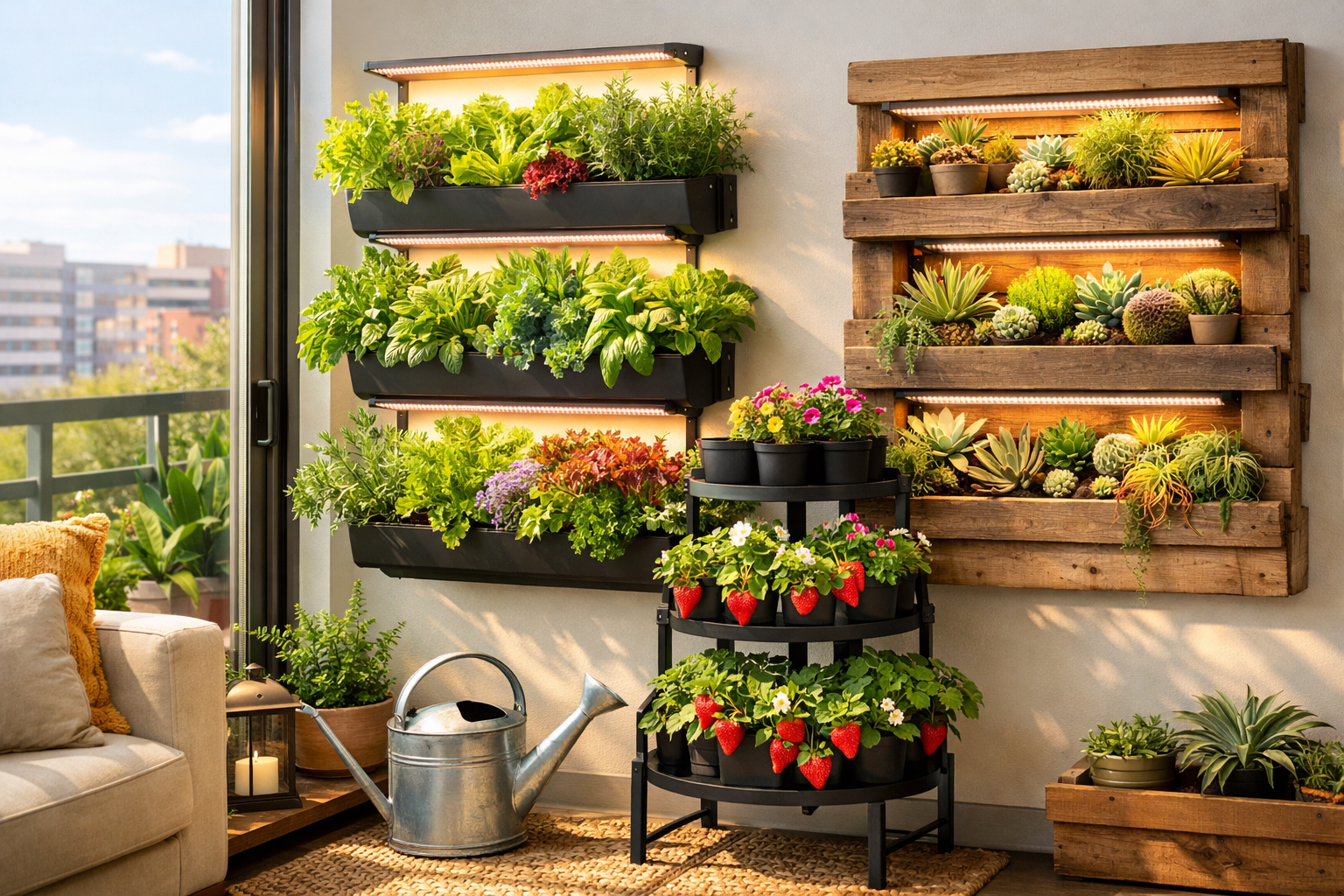 Vibrant () image showcasing diverse vertical gardening solutions within an apartment setting in the USA. Feature a