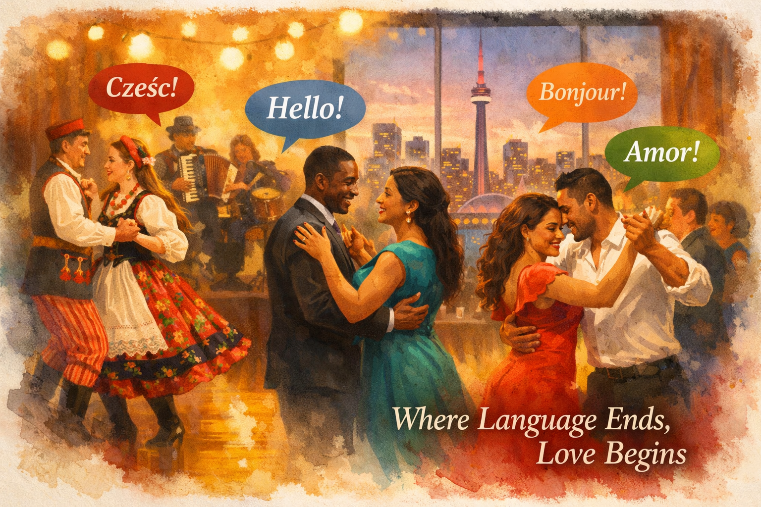 Landscape format (1536x1024) editorial illustration showing a multicultural Toronto dance floor scene with couples of different ethnicities 