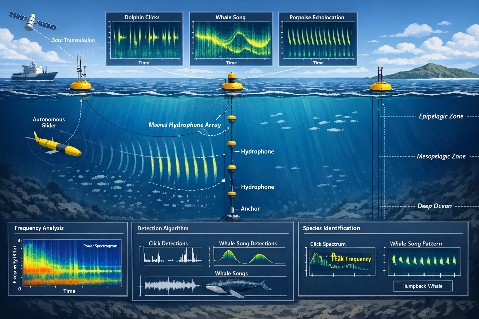 Detailed () illustration showing cross-section view of ocean layers with multiple passive acoustic monitoring devices at