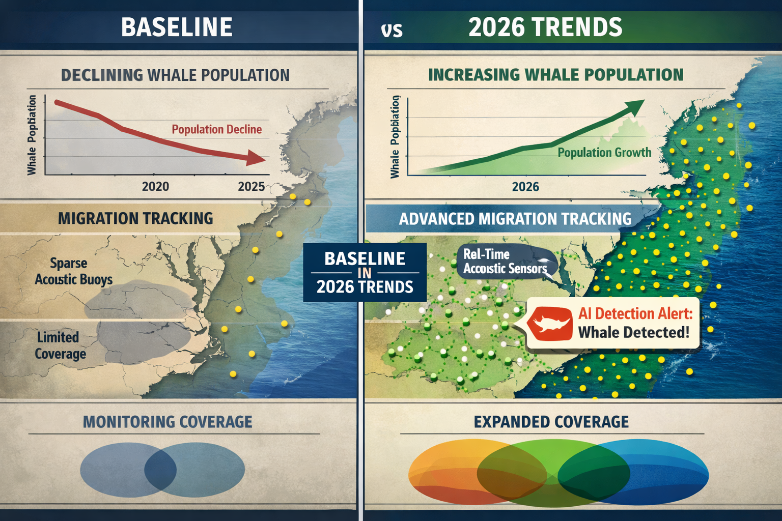 Detailed () split-screen composition showing left side: historical baseline data from 2020-2025 with declining whale