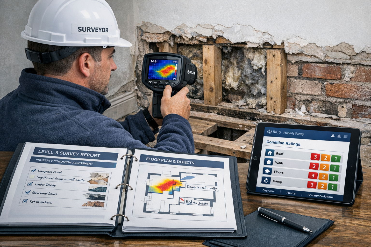 Detailed () image showing professional chartered surveyor conducting comprehensive Level 3 building survey inside UK