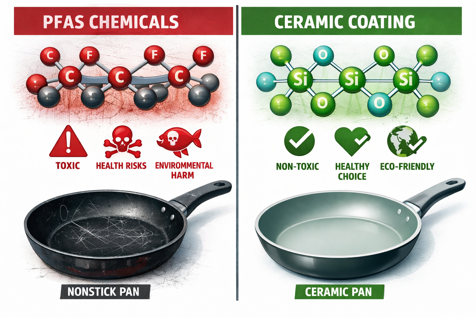 Best Cookware Set Non Toxic Detailed landscape format (1536x1024) split-screen infographic illustration showing left side: molecular diagram of PFAS chemical chains in red danger tones with warning icons over a scratched traditional nonstick pan; right side: clean green molecular structure of ceramic coating over a pristine modern pan with checkmark safety icons. Scientific diagram aesthetic, bold typography labels, white background with teal and red color contrast, educational infographic style, health-focused visual language.