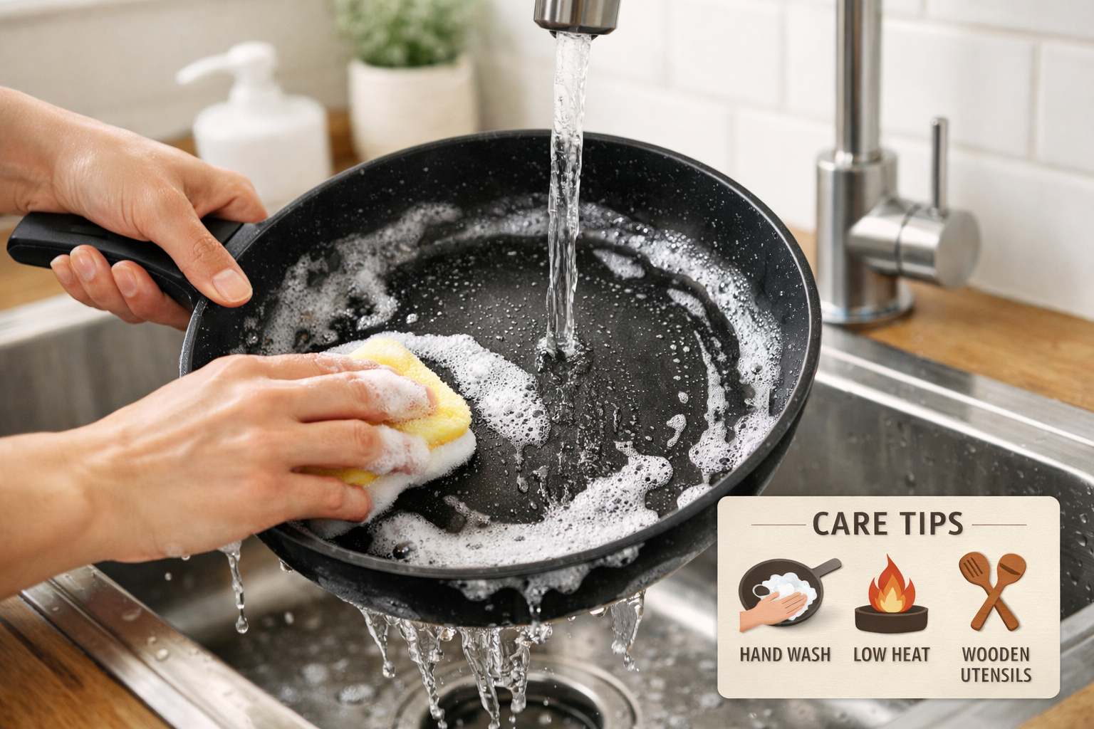 Best Cookware Set Non Toxic Detailed landscape format (1536x1024) close-up lifestyle photograph of a person's hands gently washing a ceramic non-stick pan under running water at a modern kitchen sink, soft natural light, visible non-stick surface gleaming, dish soap bubbles, clean white kitchen background. Inset bottom-right shows a small maintenance tip card graphic with icons for hand washing, low heat, and wooden utensils. Warm, inviting, domestic wellness aesthetic, shallow depth of field, editorial food photography quality.