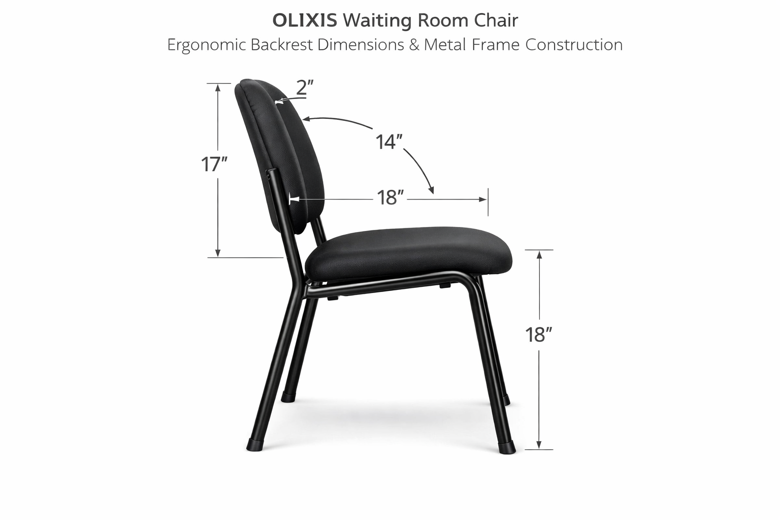 side view showing ergonomic backrest dimensions and metal frame construction of OLIXIS waiting room chair