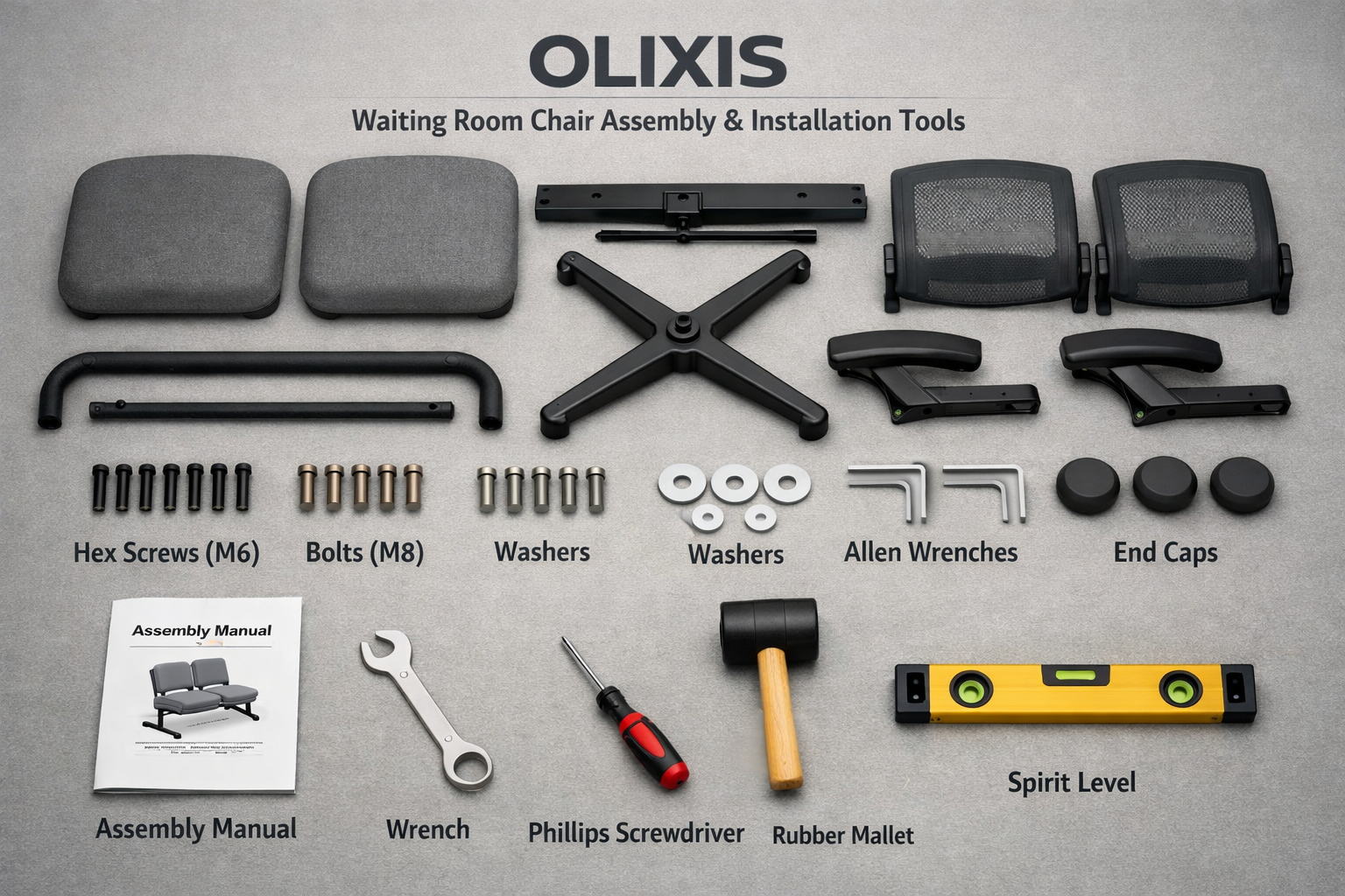 assembly process and installation tools for OLIXIS waiting room chairs laid out systematically