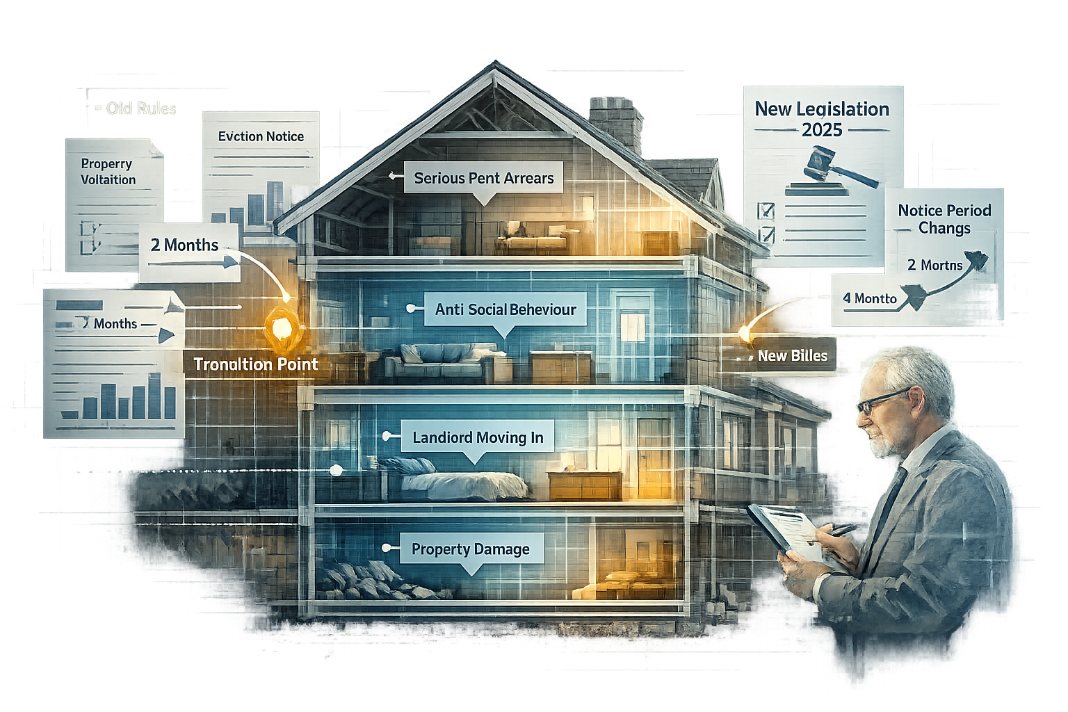Section 8 legal landscape illustration depicting a dynamic architectural cross-section of a residential property, with
