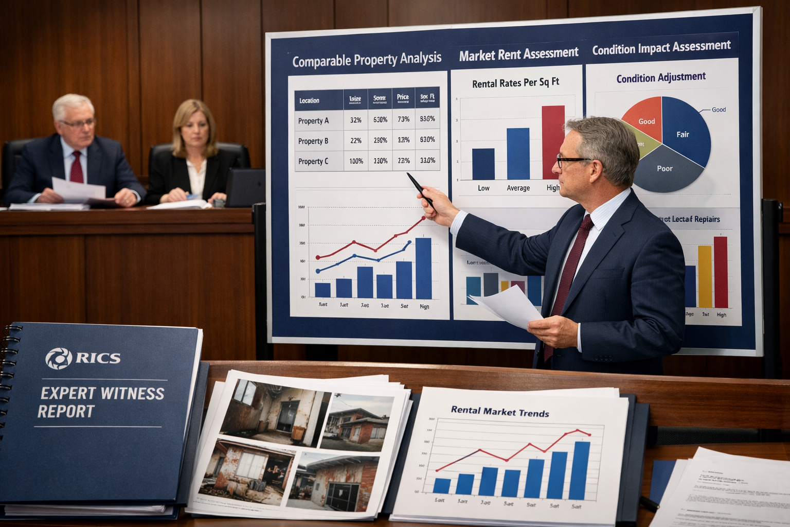 Detailed () image of expert witness surveyor presenting valuation evidence in tribunal setting. Scene shows professional