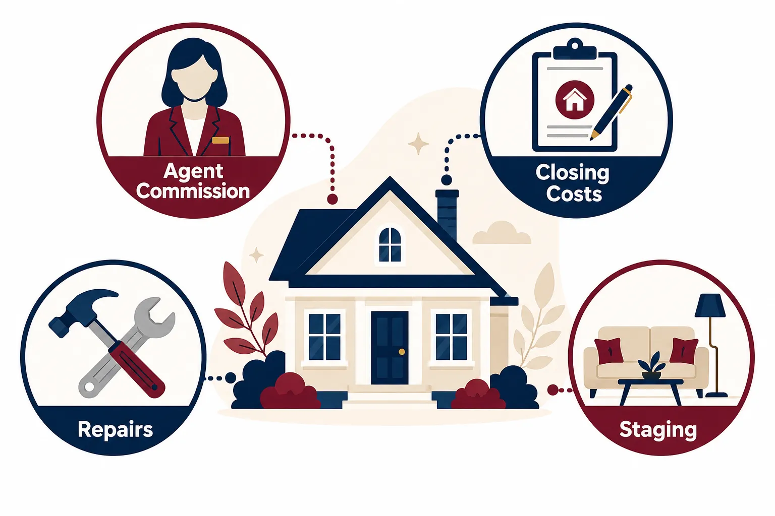 Editorial (): Flat-vector infographic illustration showing a house silhouette at center surrounded by labeled cost bubbles —
