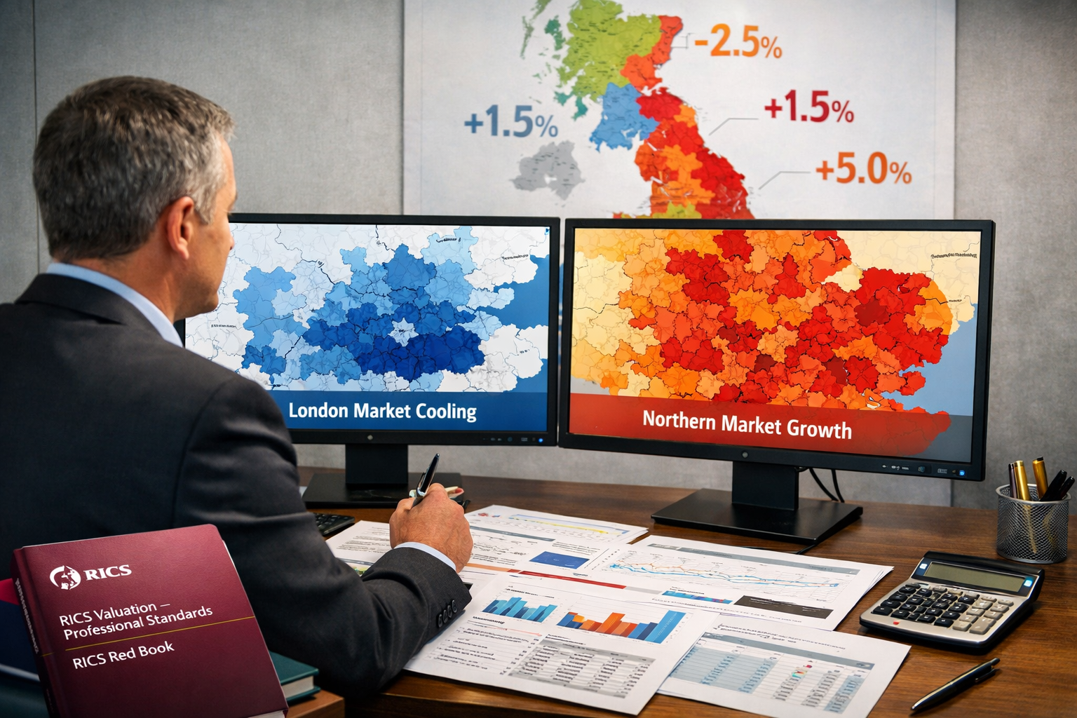 Detailed () image showing professional chartered surveyor in modern office examining dual computer monitors displaying