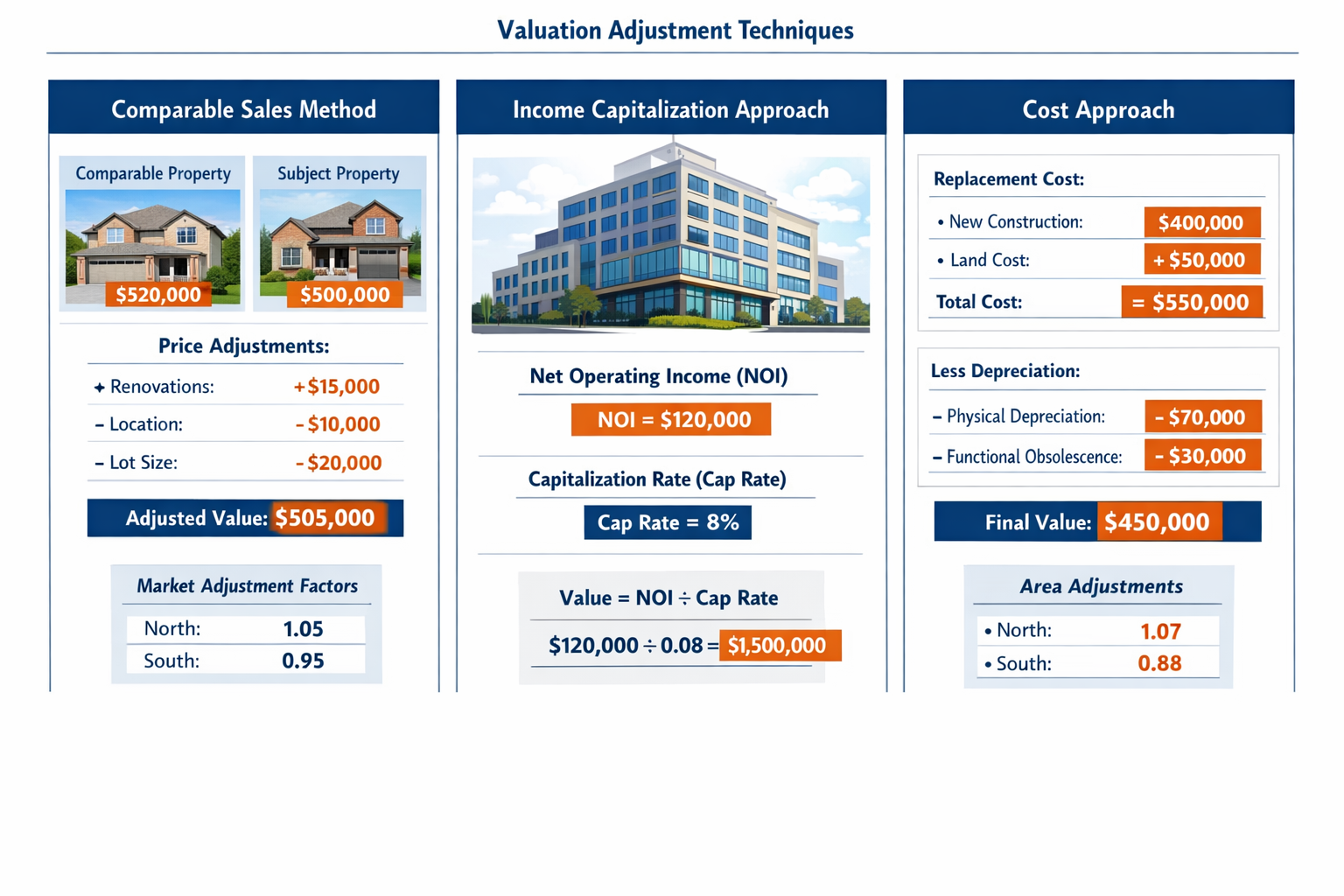 () detailed infographic illustration showing three-column comparison chart of valuation adjustment techniques: left column