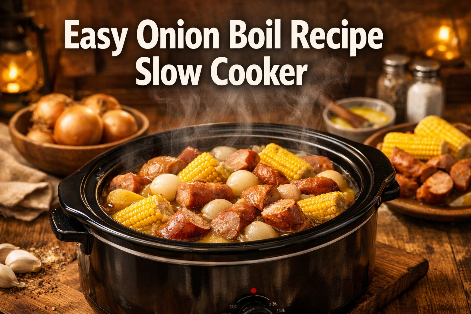 Professional landscape hero image (1536x1024) featuring bold text overlay 'Easy Onion Boil Recipe Slow Cooker' in extra large 72pt white san