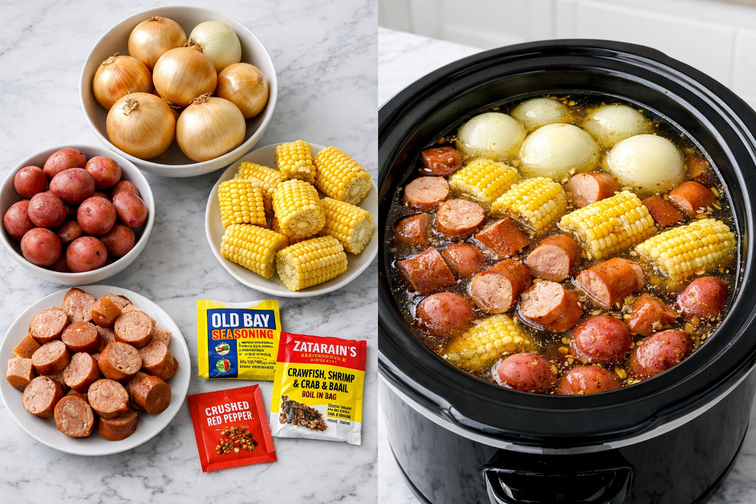 Landscape food photography (1536x1024) showing step-by-step onion boil preparation in slow cooker. Split composition: left side displays raw