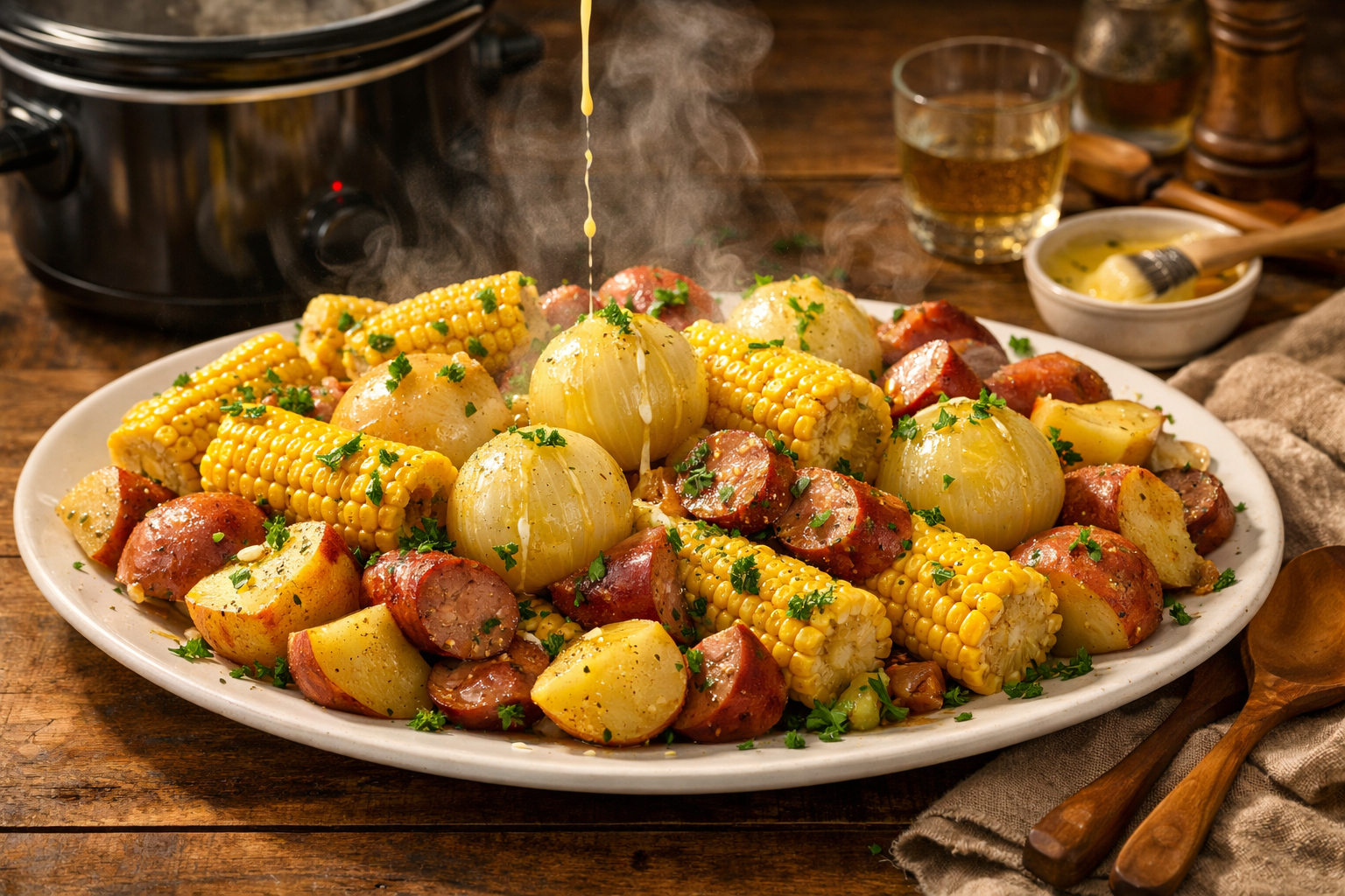 Landscape food photography (1536x1024) featuring finished slow cooker onion boil served family-style. Large white serving platter filled wit