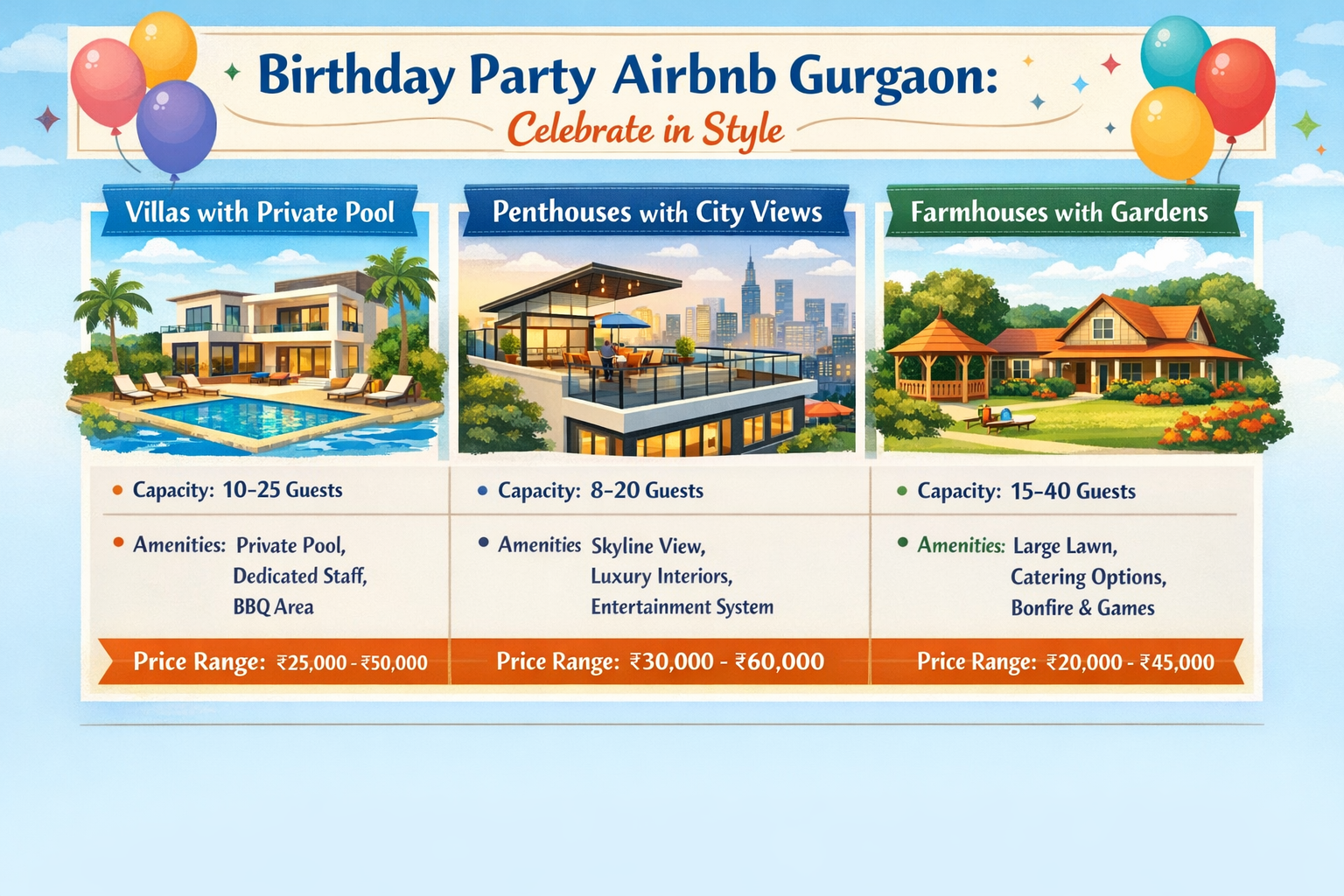 An infographic-style image comparing different types of Airbnb properties available for birthday parties in Gurgaon in 2026. The image visua