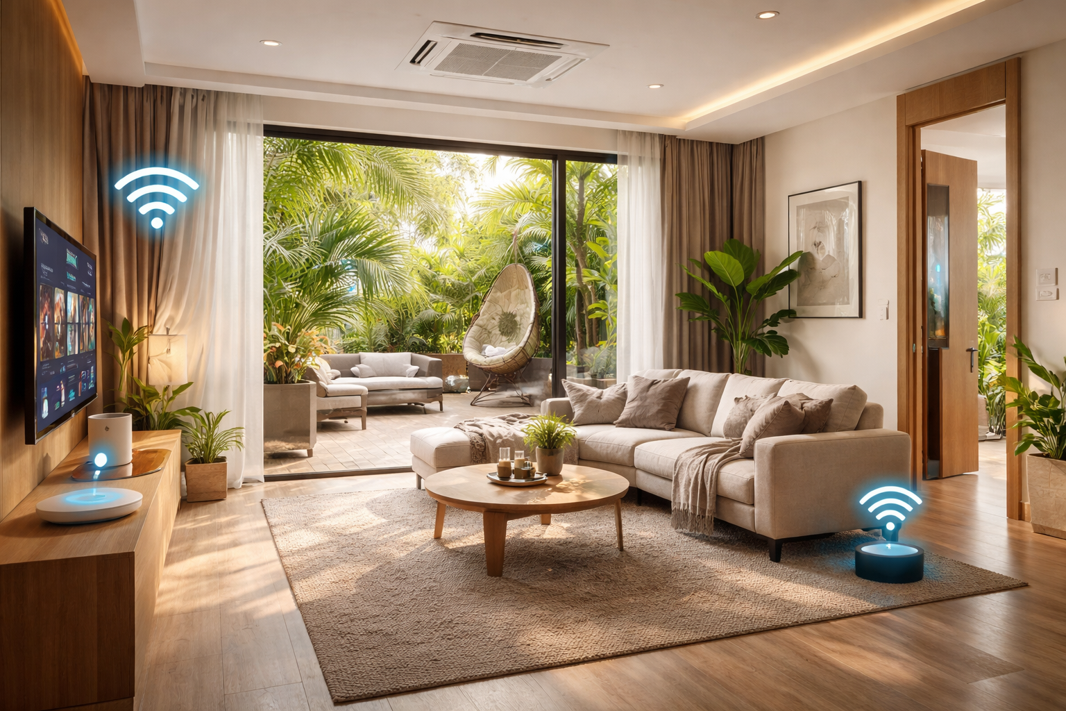 () image showcasing a modern, fully-automated Airbnb interior near Gurgaon designed for glamping enthusiasts. The scene