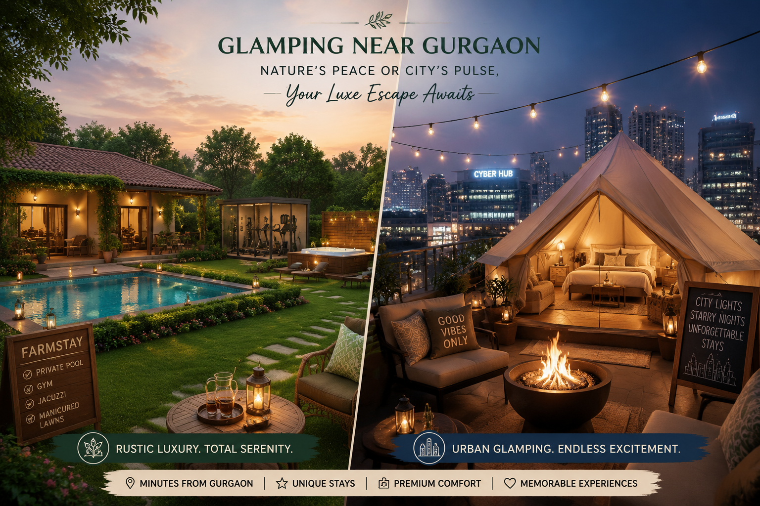 () visual representation of diverse glamping options near Gurgaon. The image is a split composition: one side depicts a