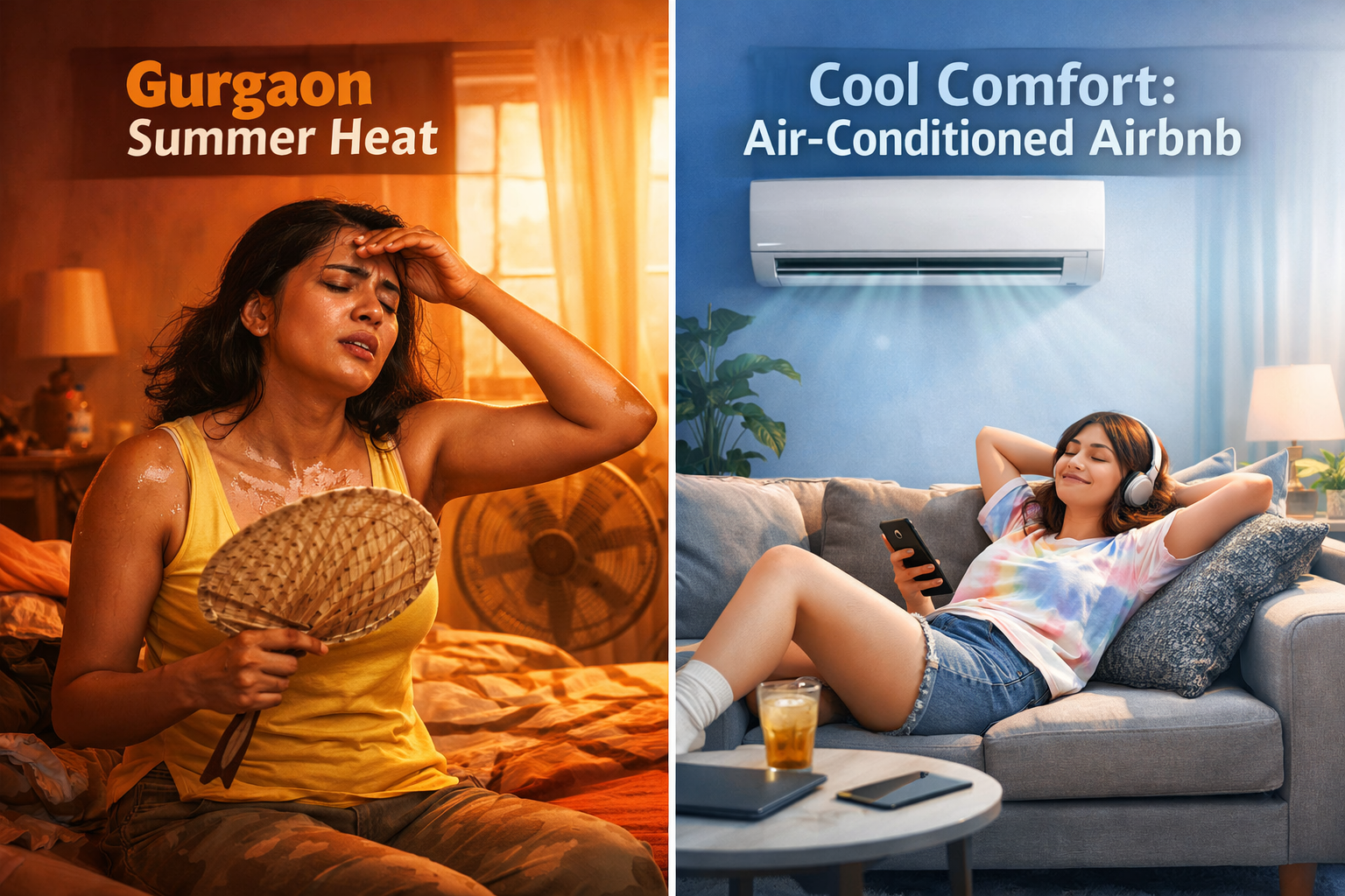 A detailed landscape format (1536x1024) image for the 'Why Choose an Air-Conditioned Airbnb in Gurgaon This Summer?' section. The visual dep