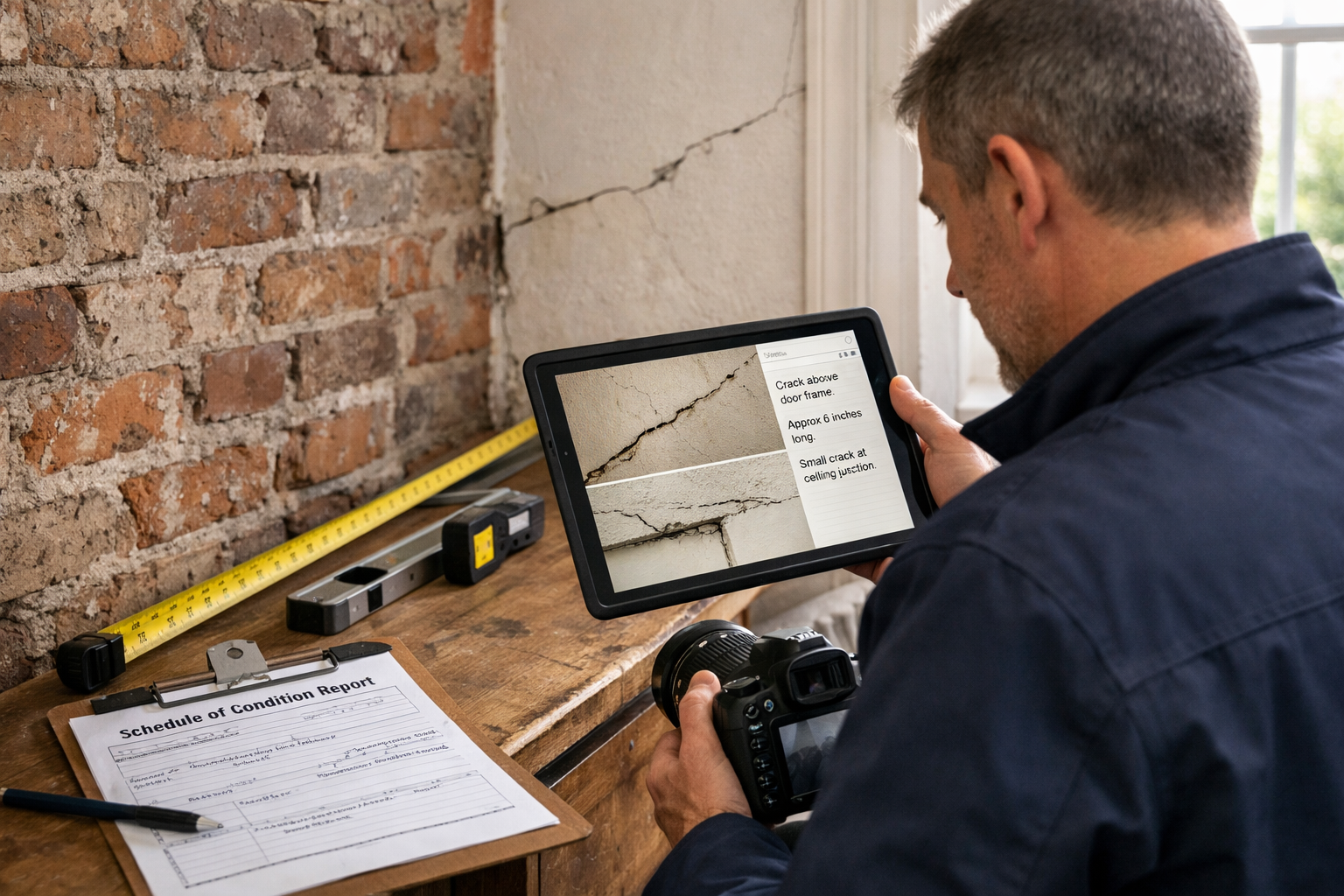 () professional photograph of party wall surveyor conducting Schedule of Condition inspection in residential property,