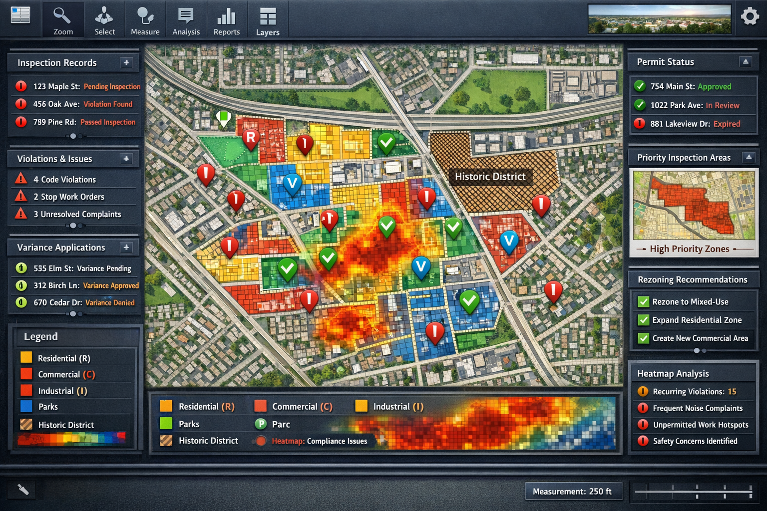 Detailed landscape format (1536x1024) visualization of location-based compliance framework showing interactive map interface with zoning ove