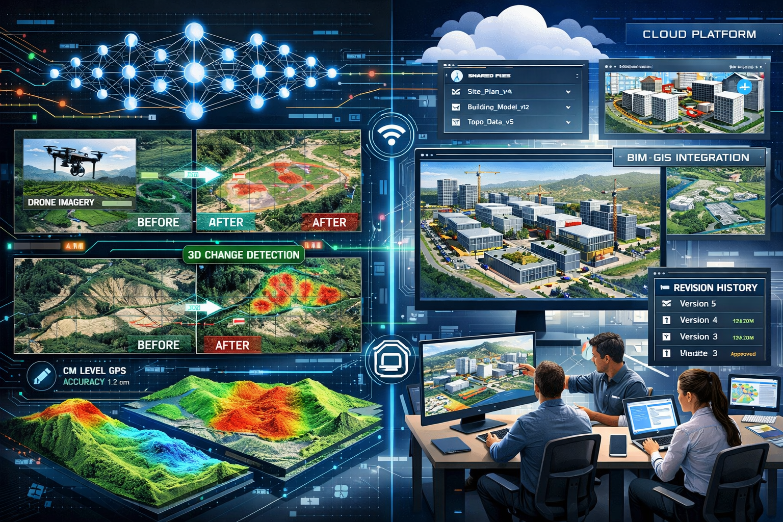 Detailed landscape format (1536x1024) futuristic illustration showing AI-powered GIS workflow integration with cloud-based collaboration. Sp