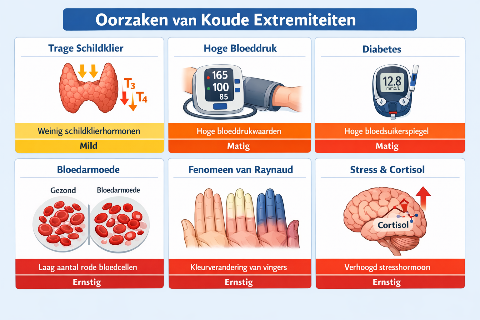 Afbeeldingen met nederlandse tekst Landscape infographic (1536x1024) displaying common medical conditions causing cold extremities. Grid lay