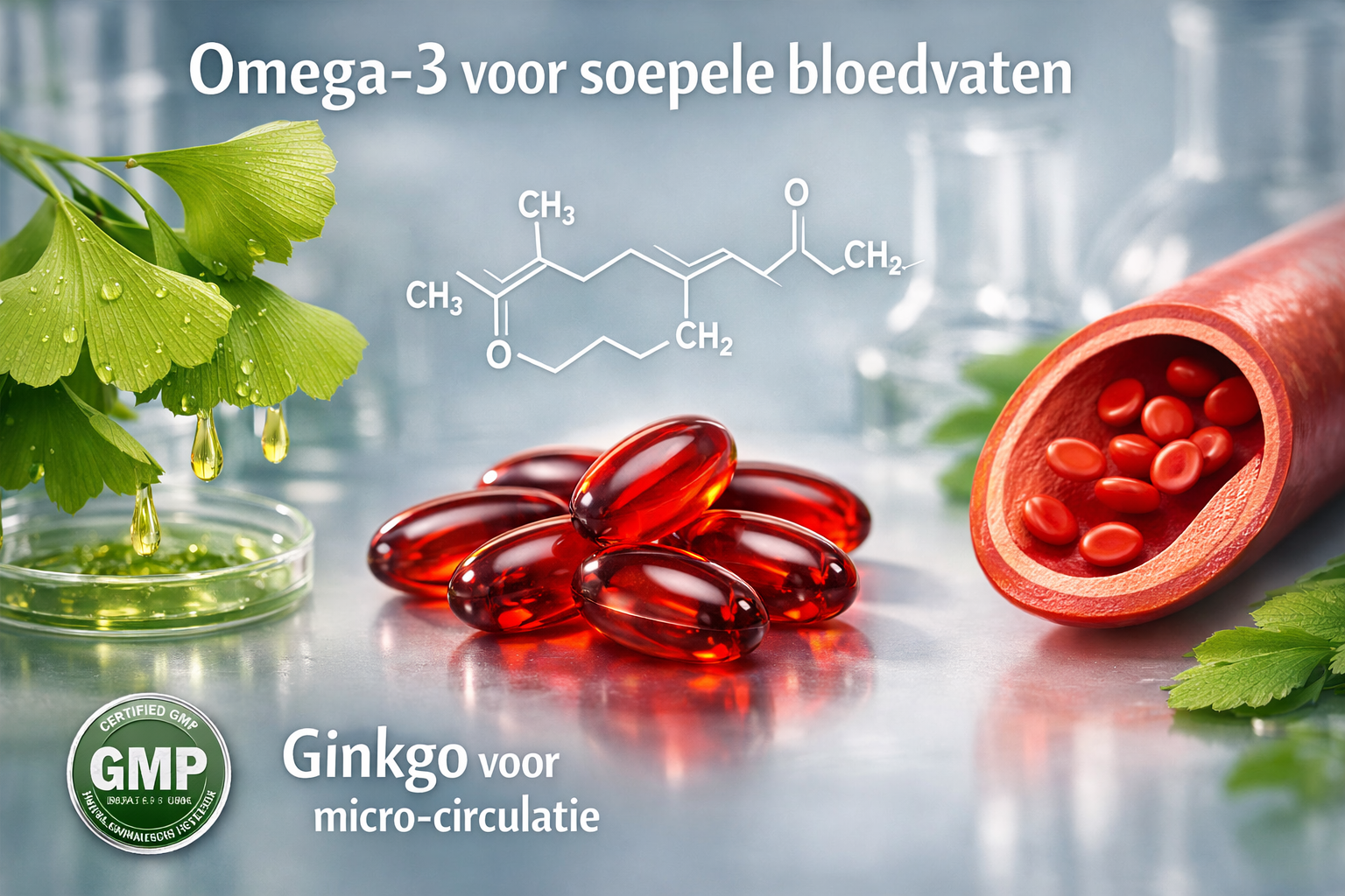 Afbeeldingen met nederlandse tekst Product-focused landscape image (1536x1024) showing natural supplements for circulation improvement. Cent
