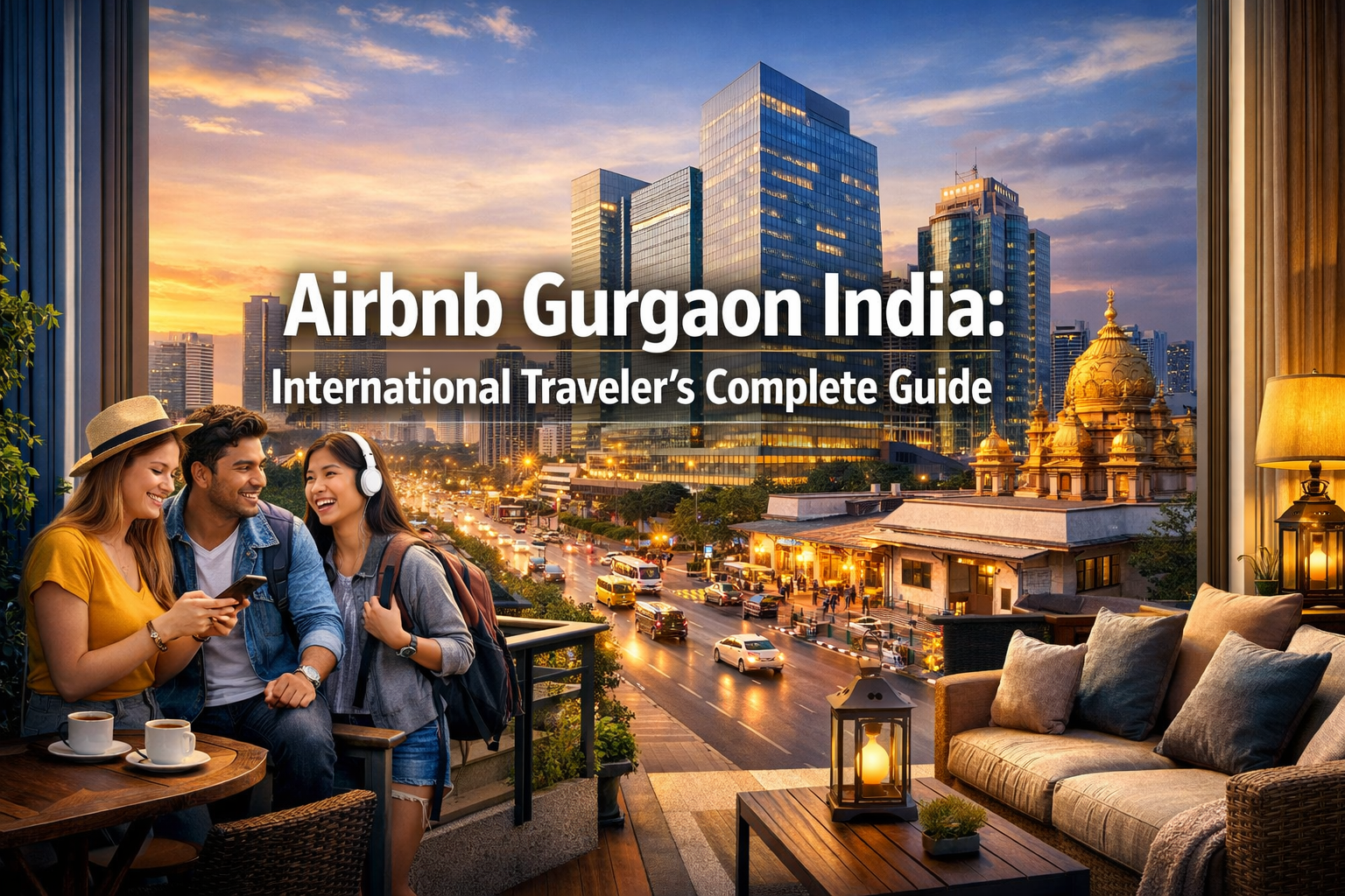 Professional landscape format (1536x1024) hero image with bold text overlay: 'Airbnb Gurgaon India: International Traveler's Complete Guide'
