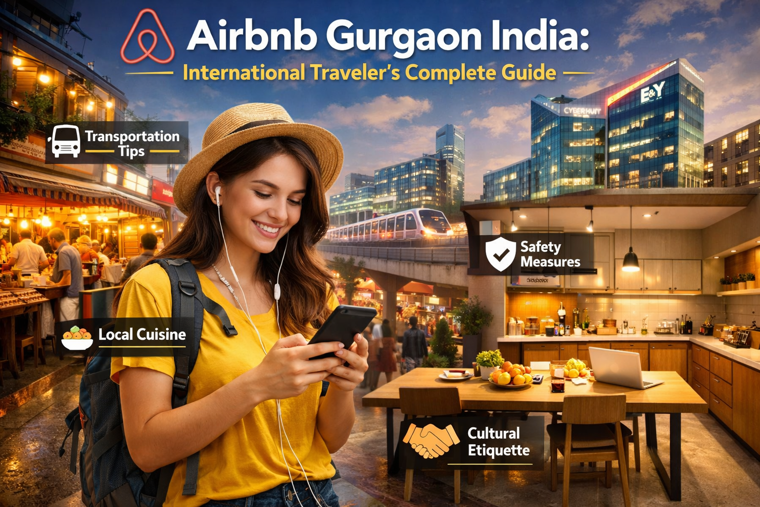 A dynamic landscape format (1536x1024) image detailing the international traveler's experience in Gurgaon, specifically focusing on local ex
