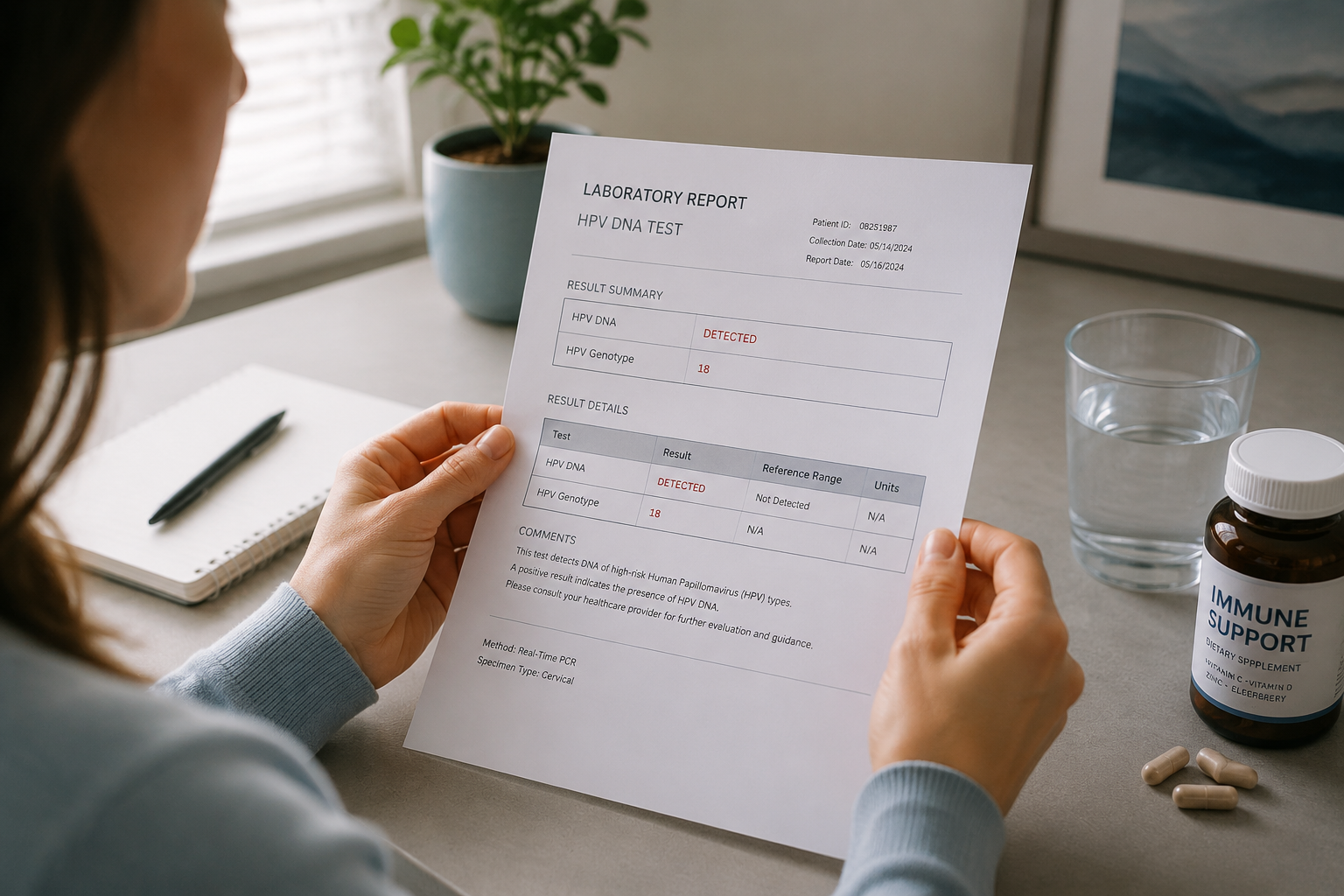 () editorial image showing a close-up of a person's hands holding a printed HPV lab report at a desk, with a bottle of