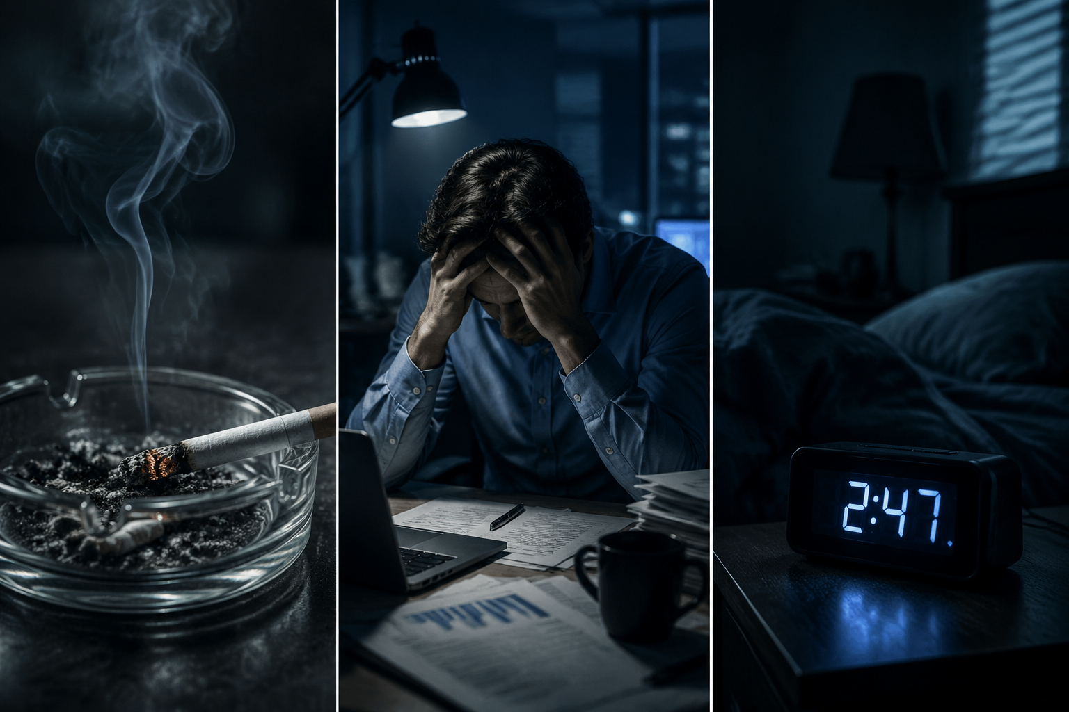 () split-panel editorial image illustrating three immune suppression factors side by side: left panel shows a lit cigarette