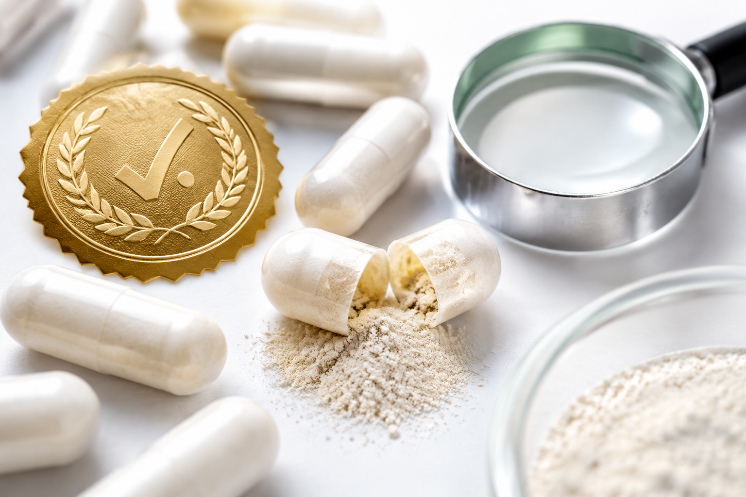 () close-up editorial photograph of several white supplement capsules arranged on a clean white surface beside a quality