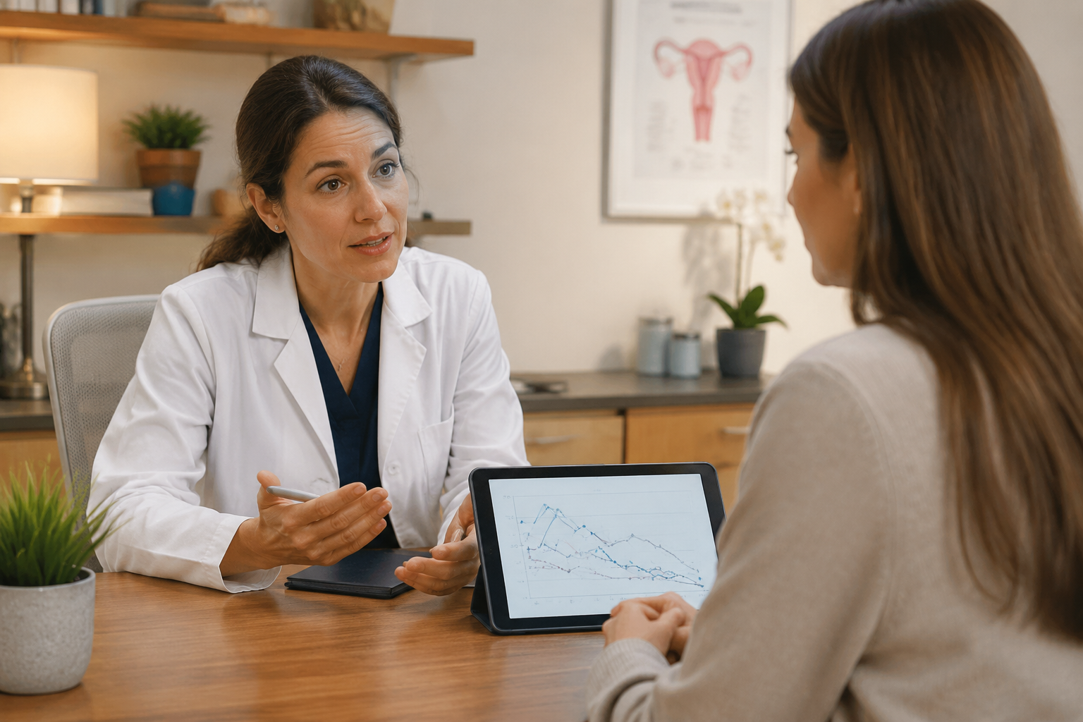 () editorial image of a doctor and patient seated across from each other at a consultation desk in a warm, well-lit clinic