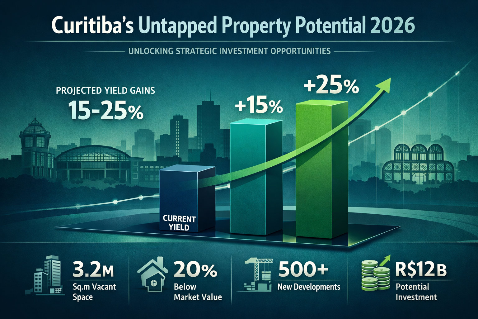 Landscape editorial infographic visualizing 'Curitiba's Untapped Property Potential 2026' with key performance metrics.