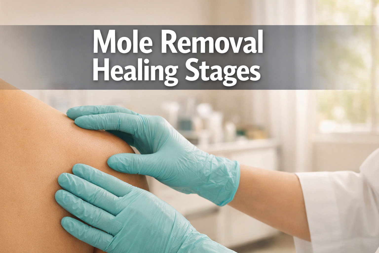 Professional () hero image with 'Mole Removal Healing Stages' in extra large white with subtle dark drop , centered in upper