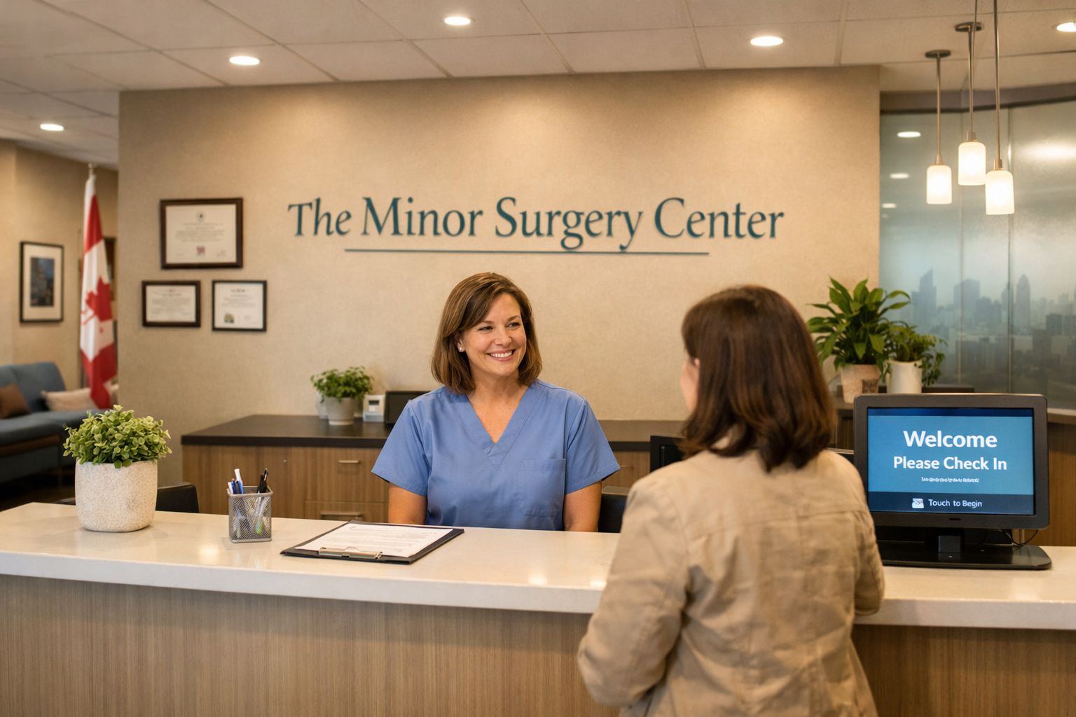 () wide-angle photograph of a welcoming modern outpatient surgical clinic reception area in Toronto, Canada. A friendly