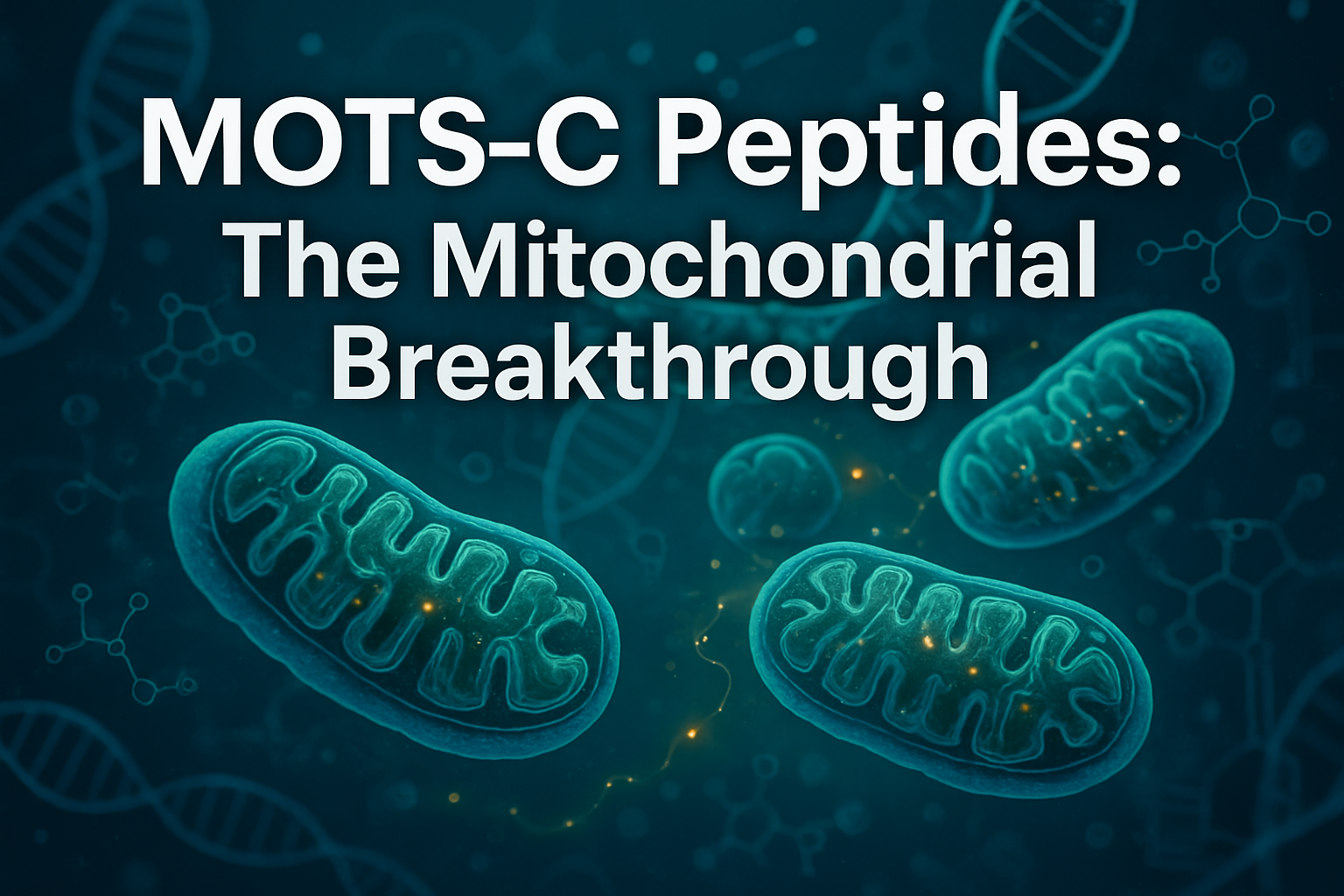 Professional landscape hero image (1536x1024) with bold text overlay 'MOTS-C Peptides: The Mitochondrial Breakthrough' in extra large 70pt w