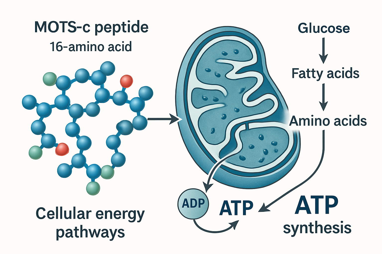 Detailed scientific illustration (1536x1024) showing MOTS-C peptide structure and mechanism of action within mitochondria. Features 3D molec