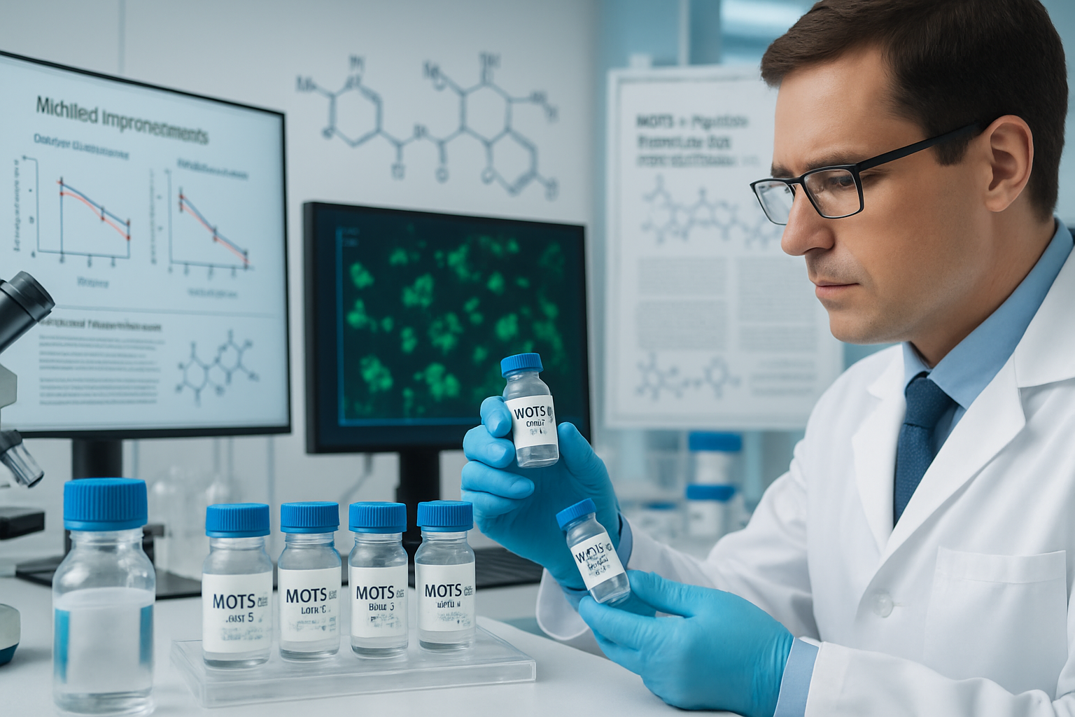 Professional research laboratory scene (1536x1024) showcasing MOTS-C peptide research and applications. Features modern lab equipment, pepti