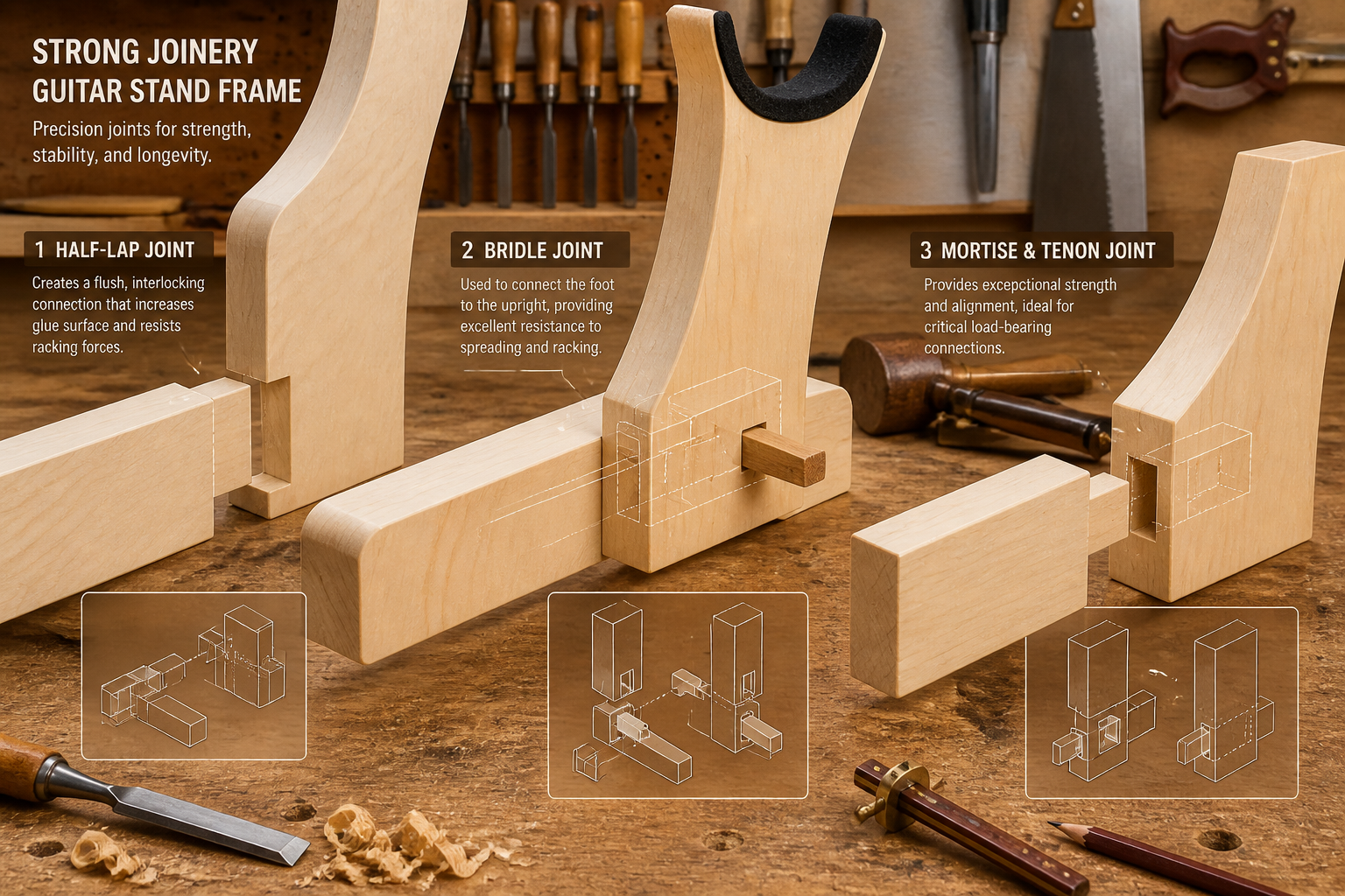 A detailed () image showcasing various examples of strong wood joinery techniques used in acoustic guitar stands. Focus on a