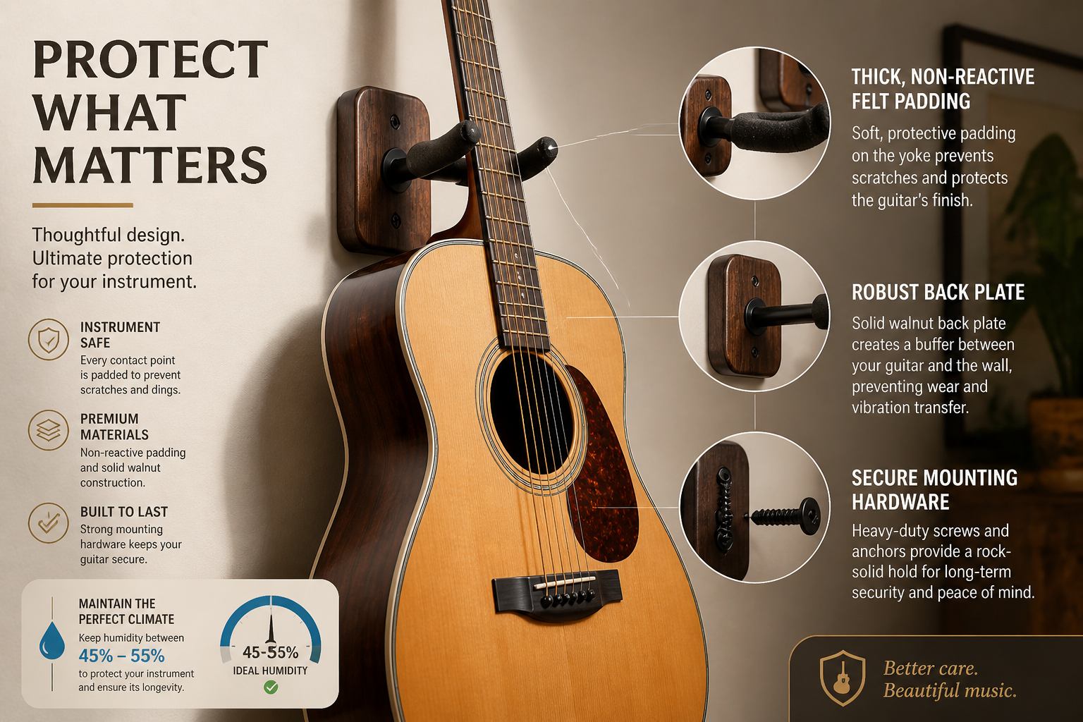 A visually engaging () image illustrating instrument protection features for a wall-mounted acoustic guitar hanger. The