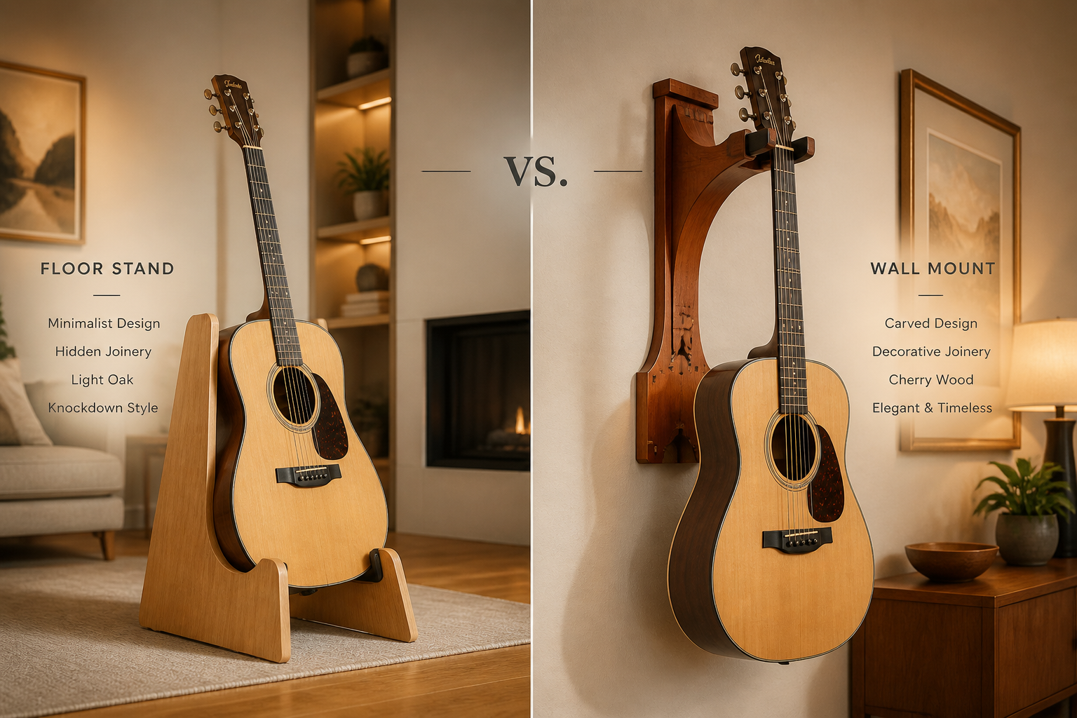 A creative () image presenting a side-by-side comparison of a sleek, carved wall mount for acoustic guitars. The floor stand