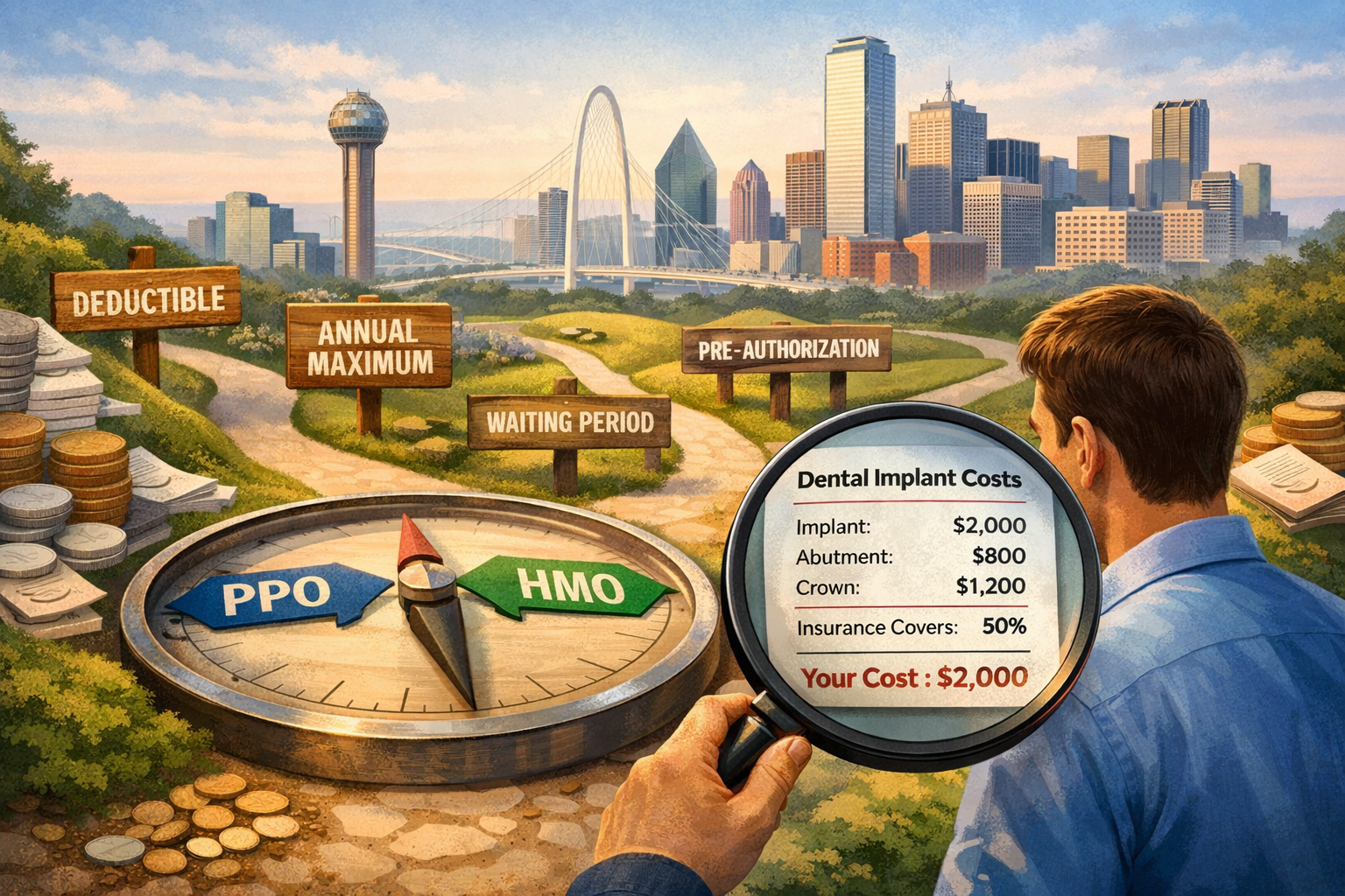 A conceptual illustration, (), depicting a patient navigating a complex financial landscape, with a compass indicating 'PPO'