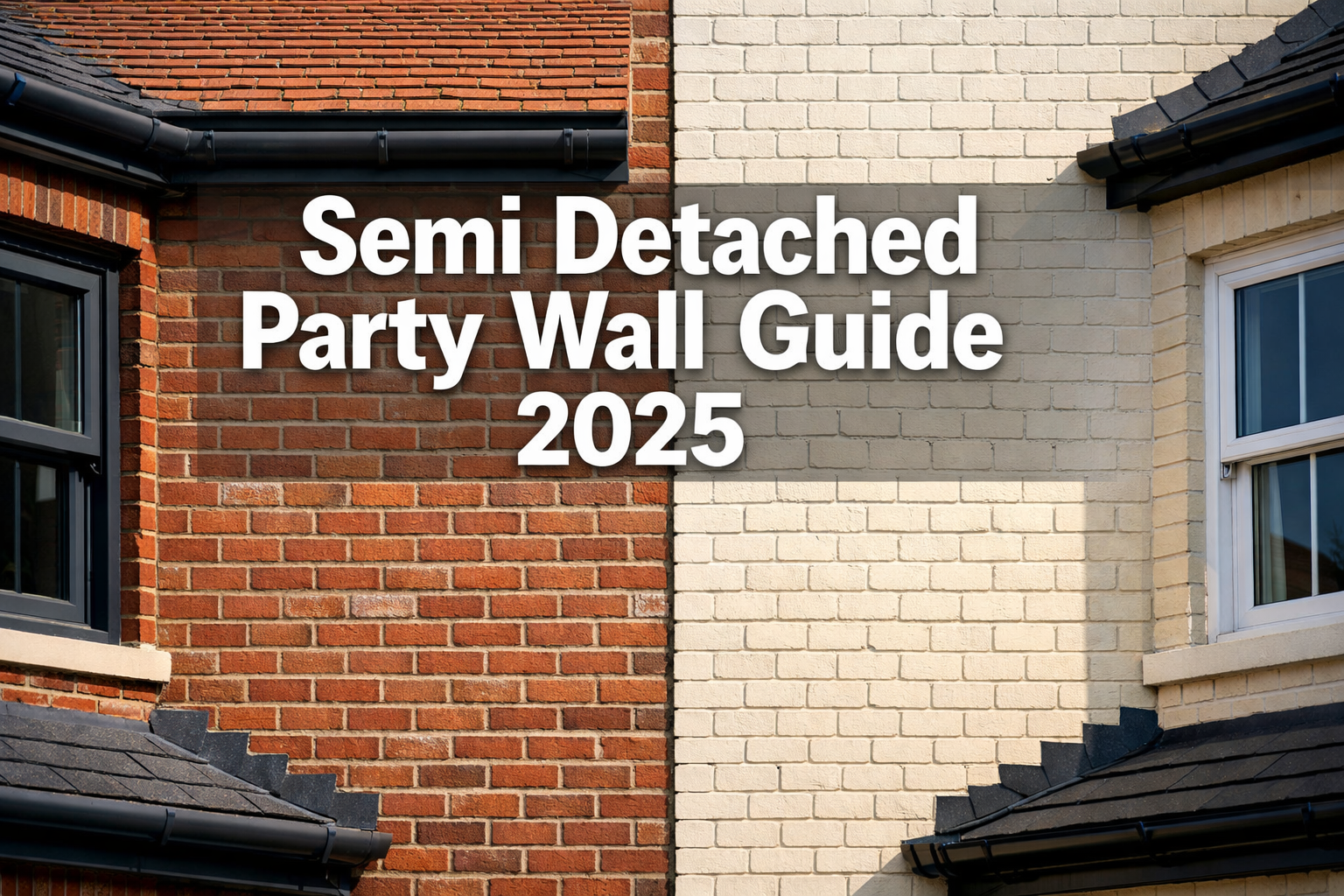 Professional landscape hero image (1536x1024) featuring bold text overlay 'Semi Detached Party Wall Guide 2025' in extra large 72pt white sa
