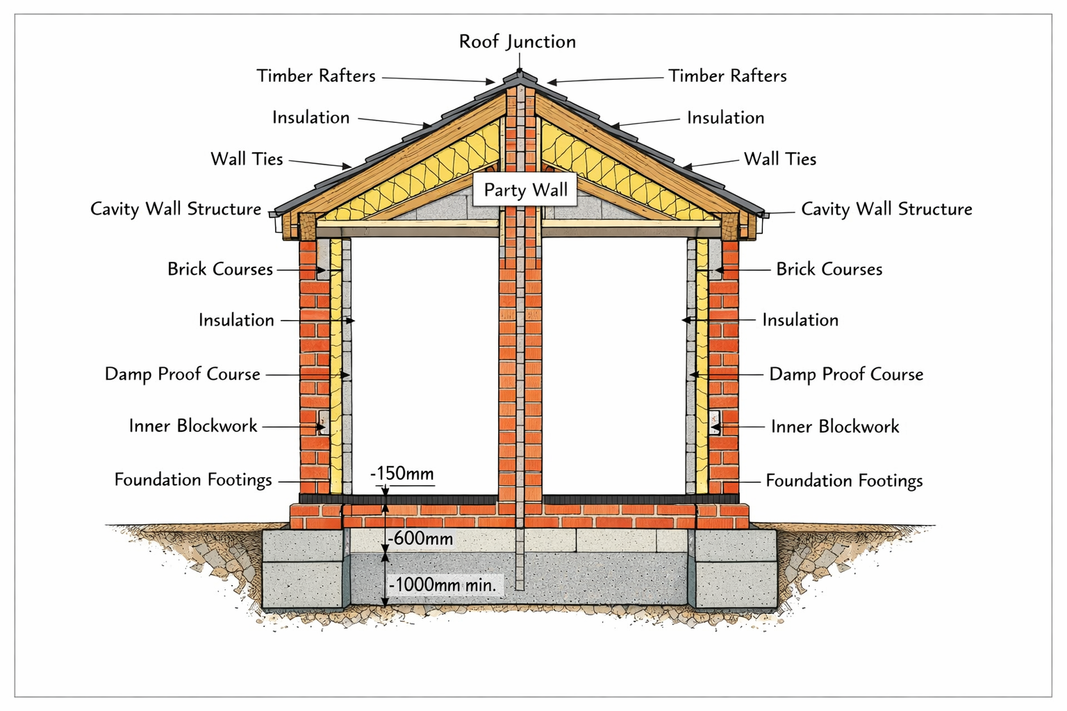 Detailed architectural cross-section illustration showing semi-detached party wall construction with labeled components: foundation footings