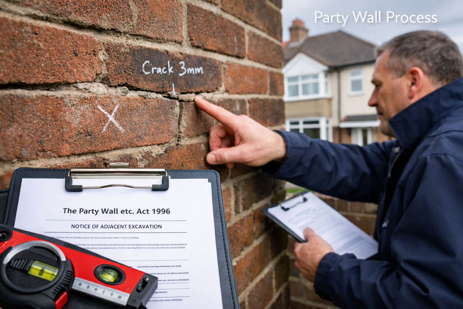 Professional photograph showing party wall surveyor conducting inspection at semi-detached property, examining shared wall with measuring to